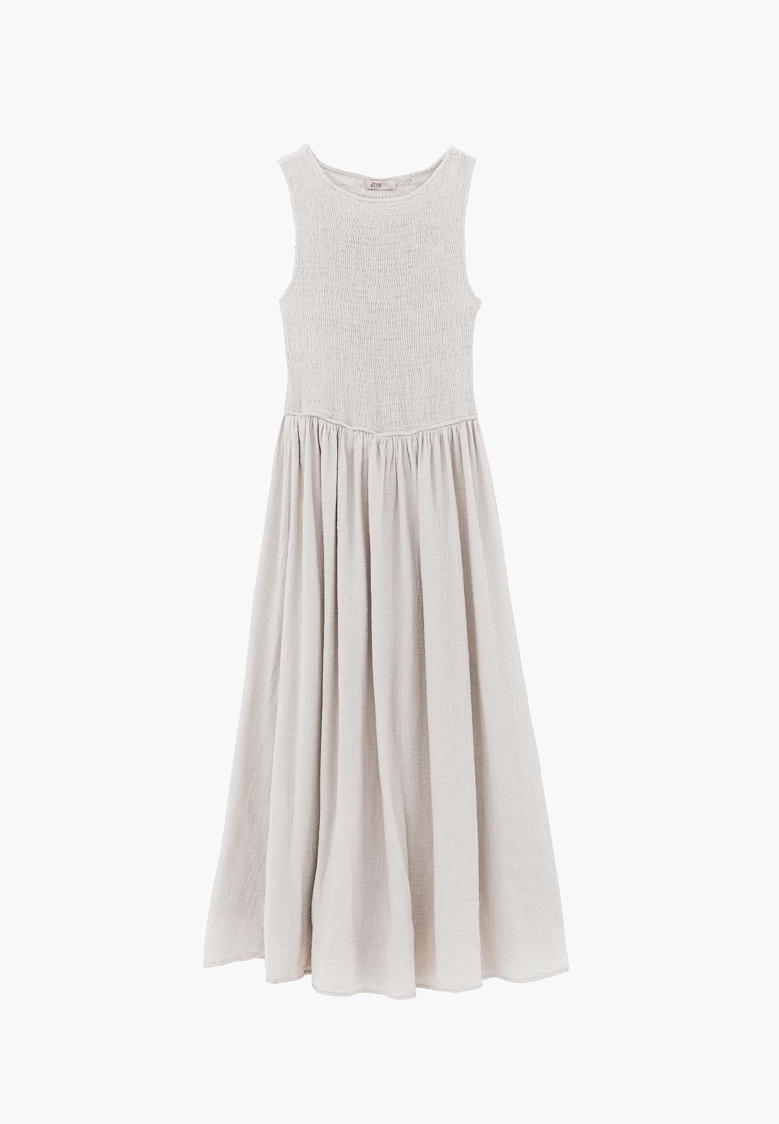 Long Boat Neck Smocked Sleeveless Dress - ALMOND MILK