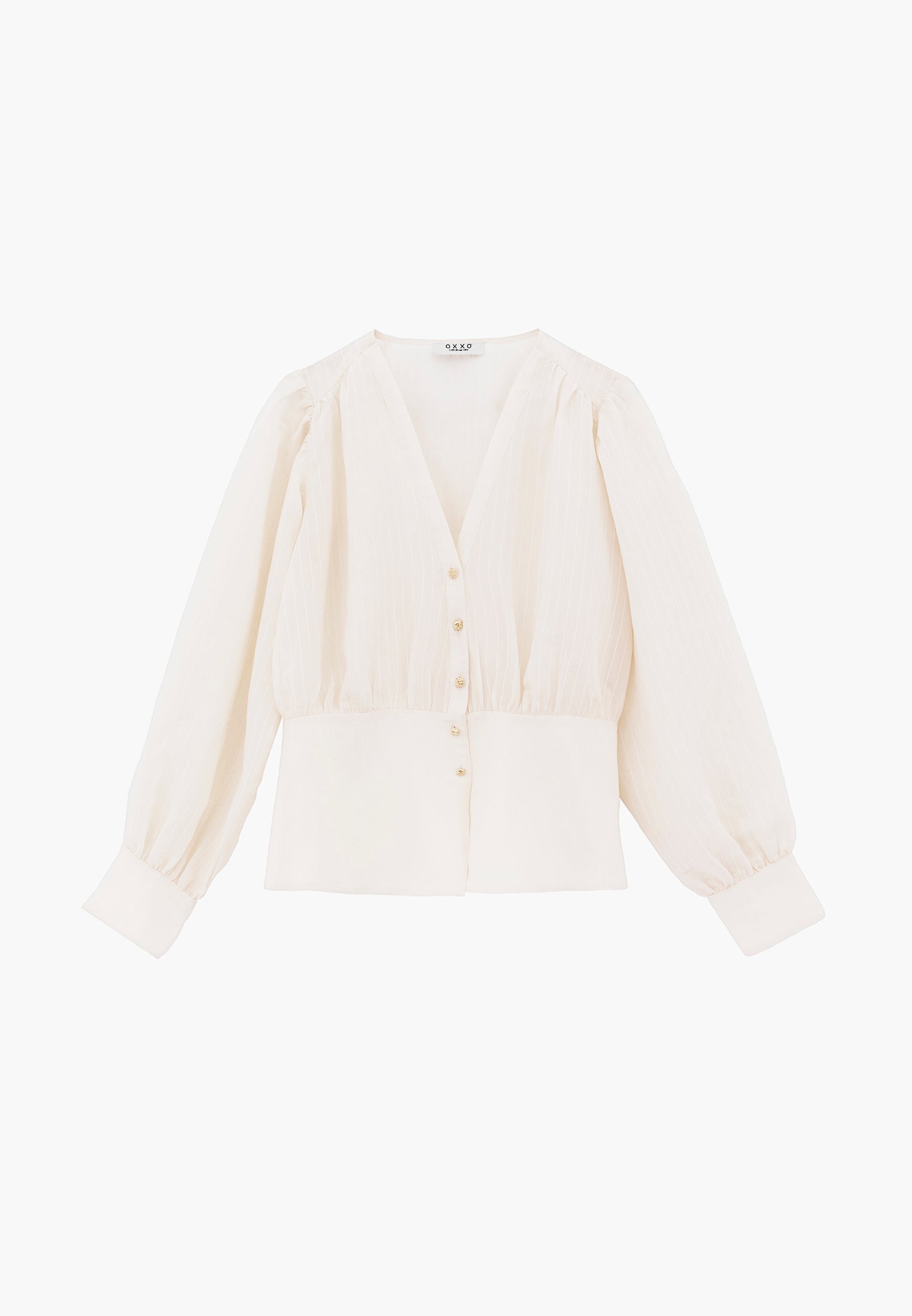 Ruched V-Neck Long Sleeve Blouse - ALMOND MILK
