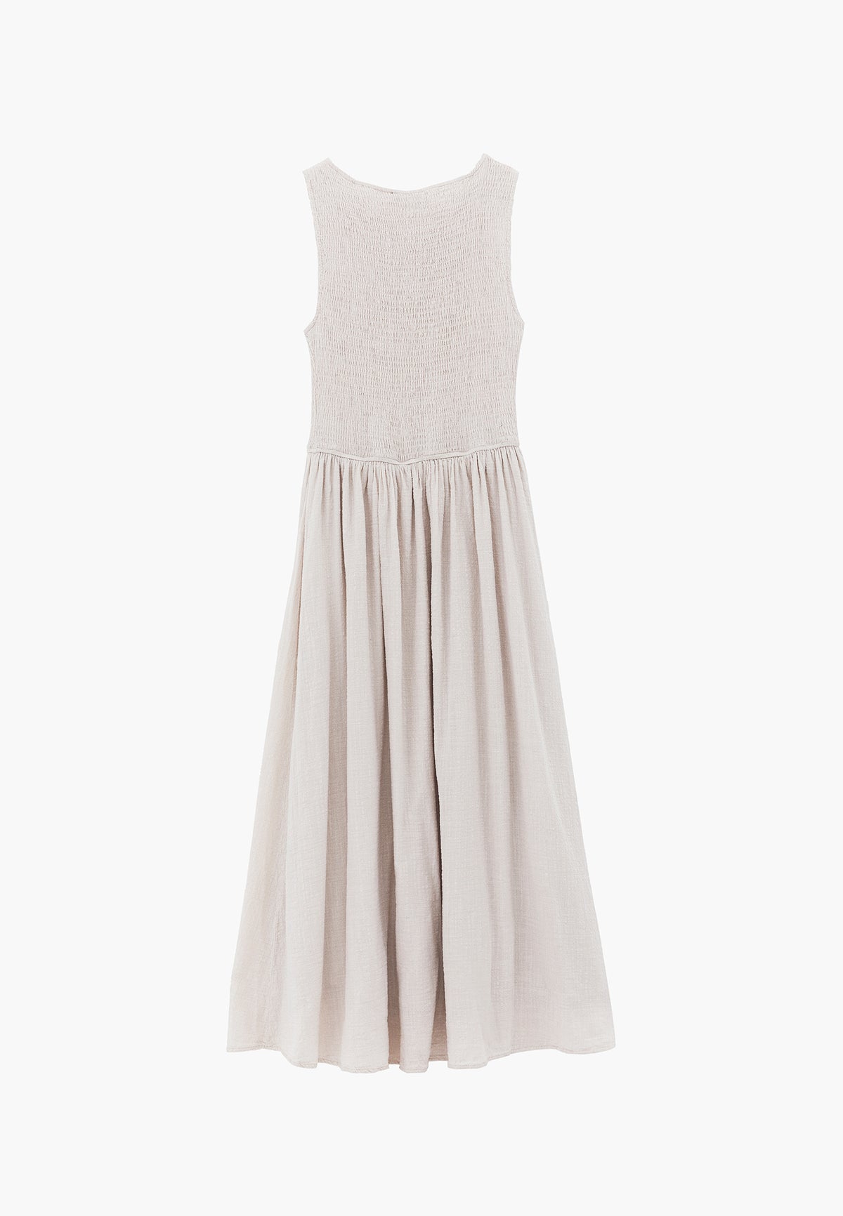 Long Boat Neck Smocked Sleeveless Dress - ALMOND MILK