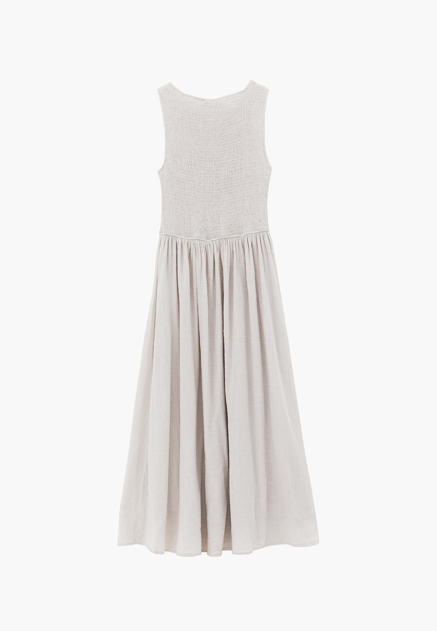Long Boat Neck Smocked Sleeveless Dress - ALMOND MILK