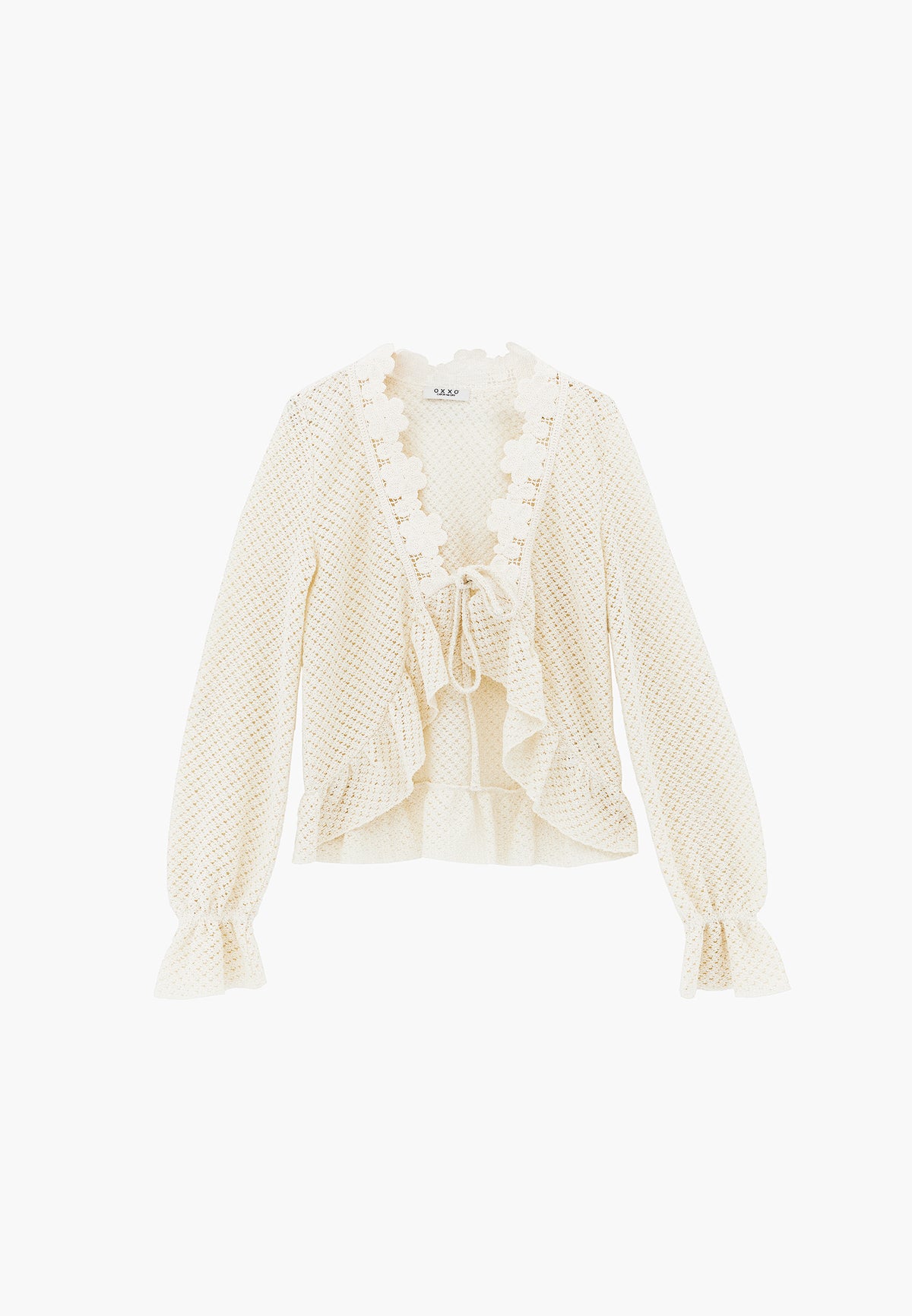 V Neck Openwork Standard Cardigan - Cream