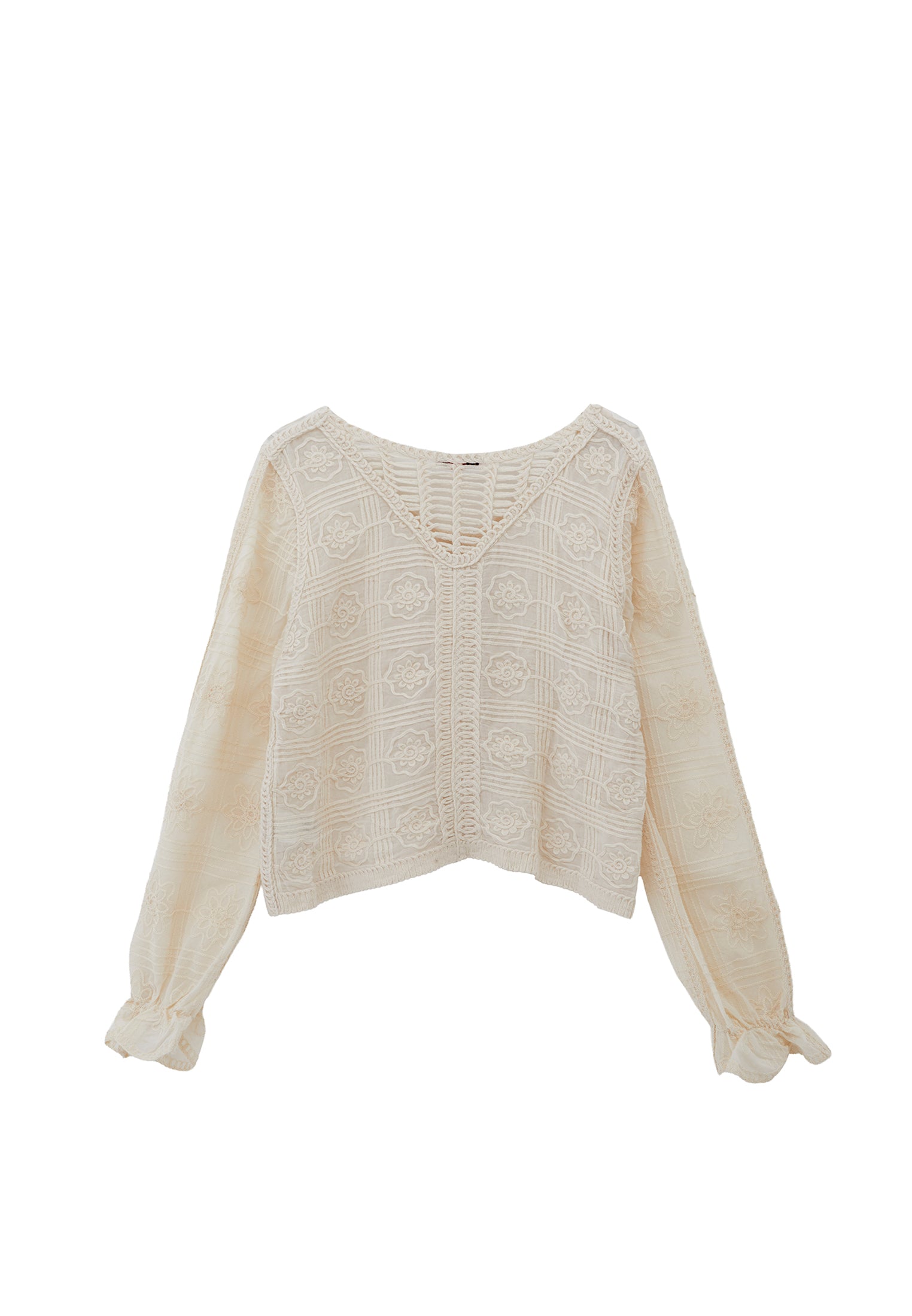 V Neck Embroidered Blouse - ALMOND MILK