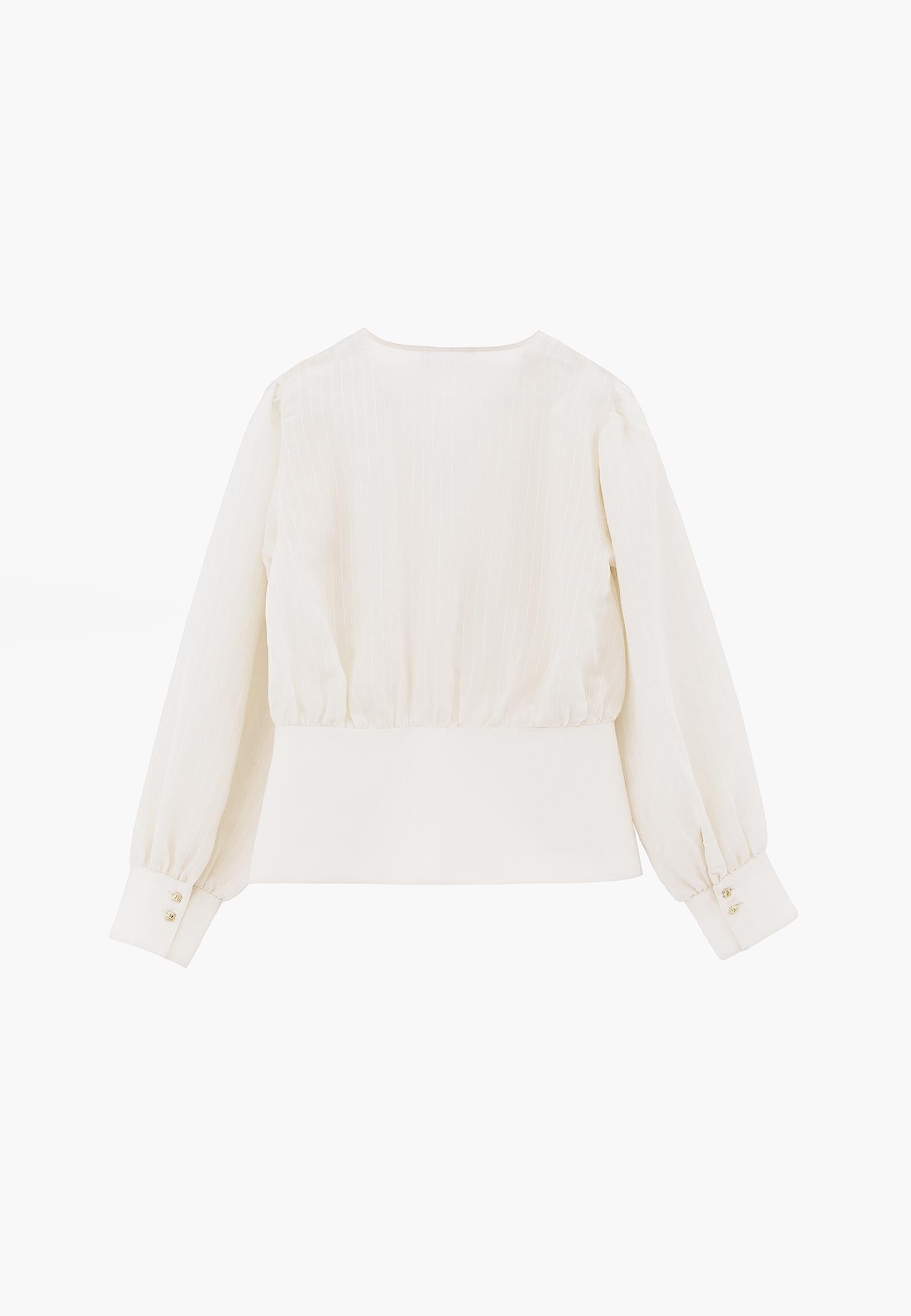 Ruched V-Neck Long Sleeve Blouse - ALMOND MILK