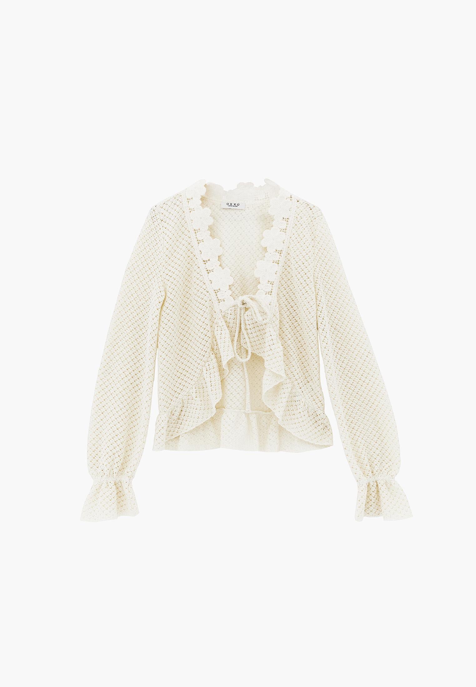 V Neck Openwork Standard Cardigan - ALMOND MILK