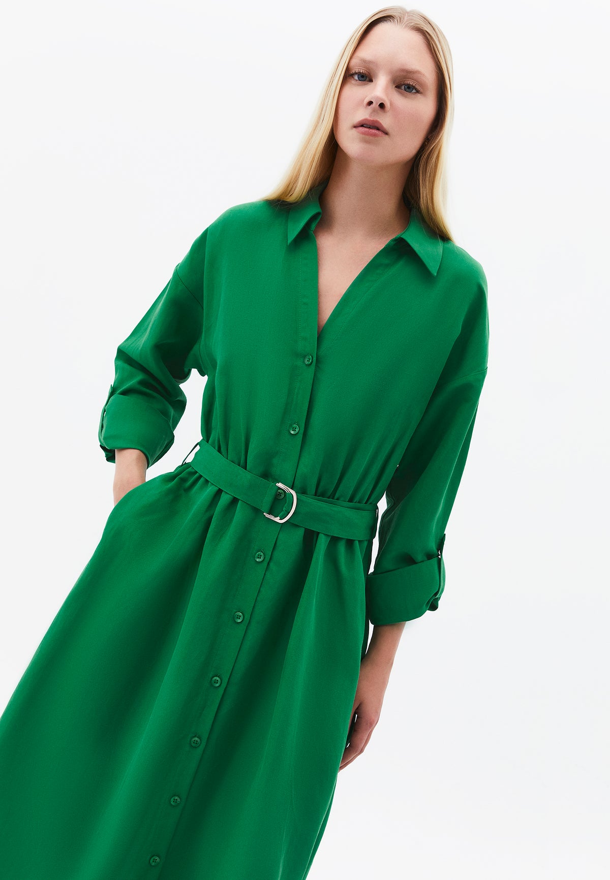 Belt Detailed Long Shirt Collar Dress - Green