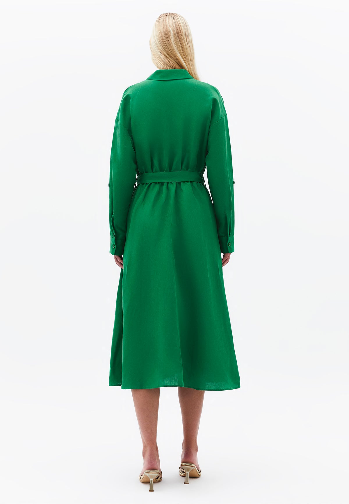 Belt Detailed Long Shirt Collar Dress - Green