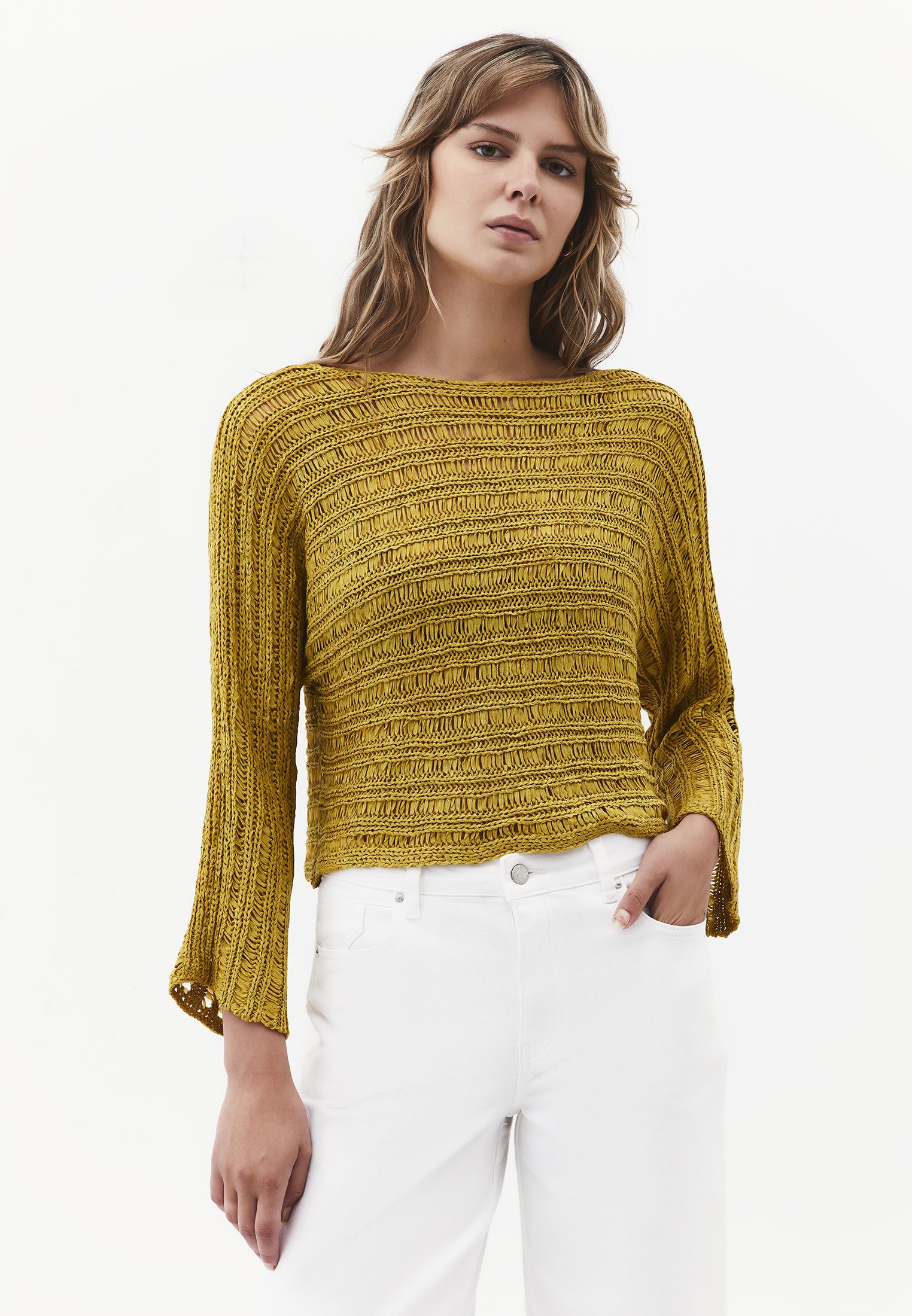 Openwork Boat Neck Long Sleeve Knit Sweater - AMBER GREEN