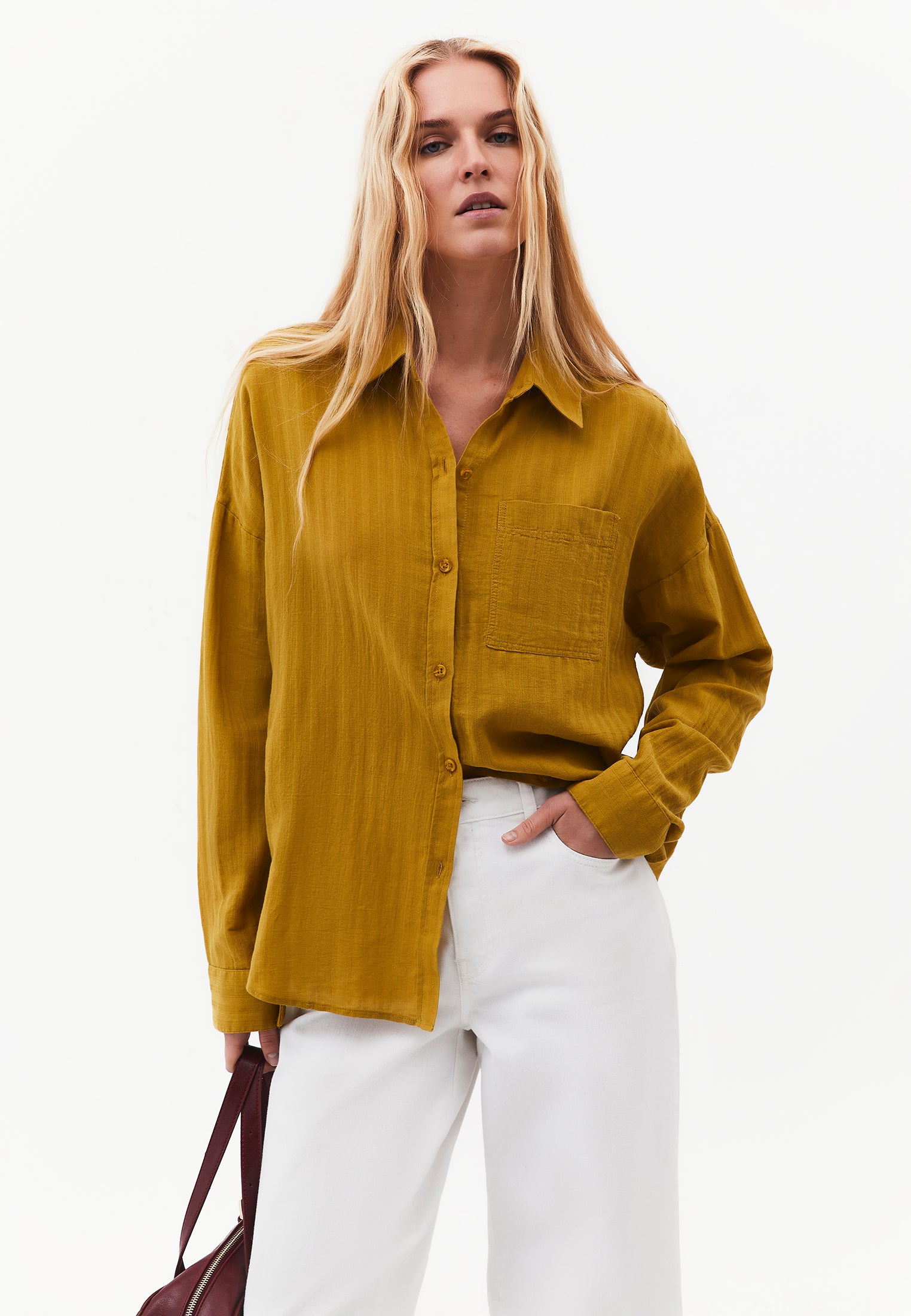 Long Sleeve Oversized Woven Shirt - AMBER GREEN