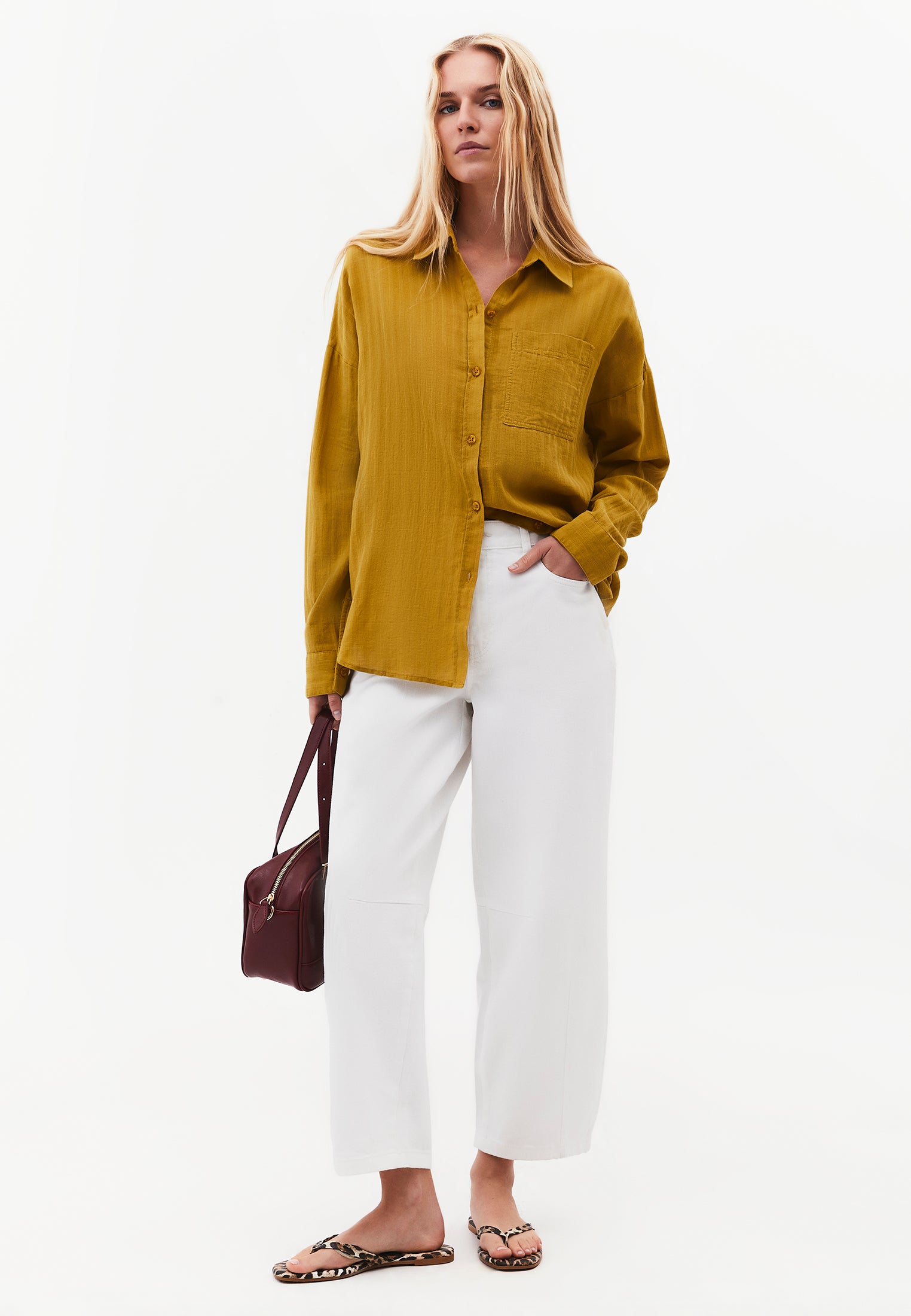 Long Sleeve Oversized Woven Shirt - AMBER GREEN