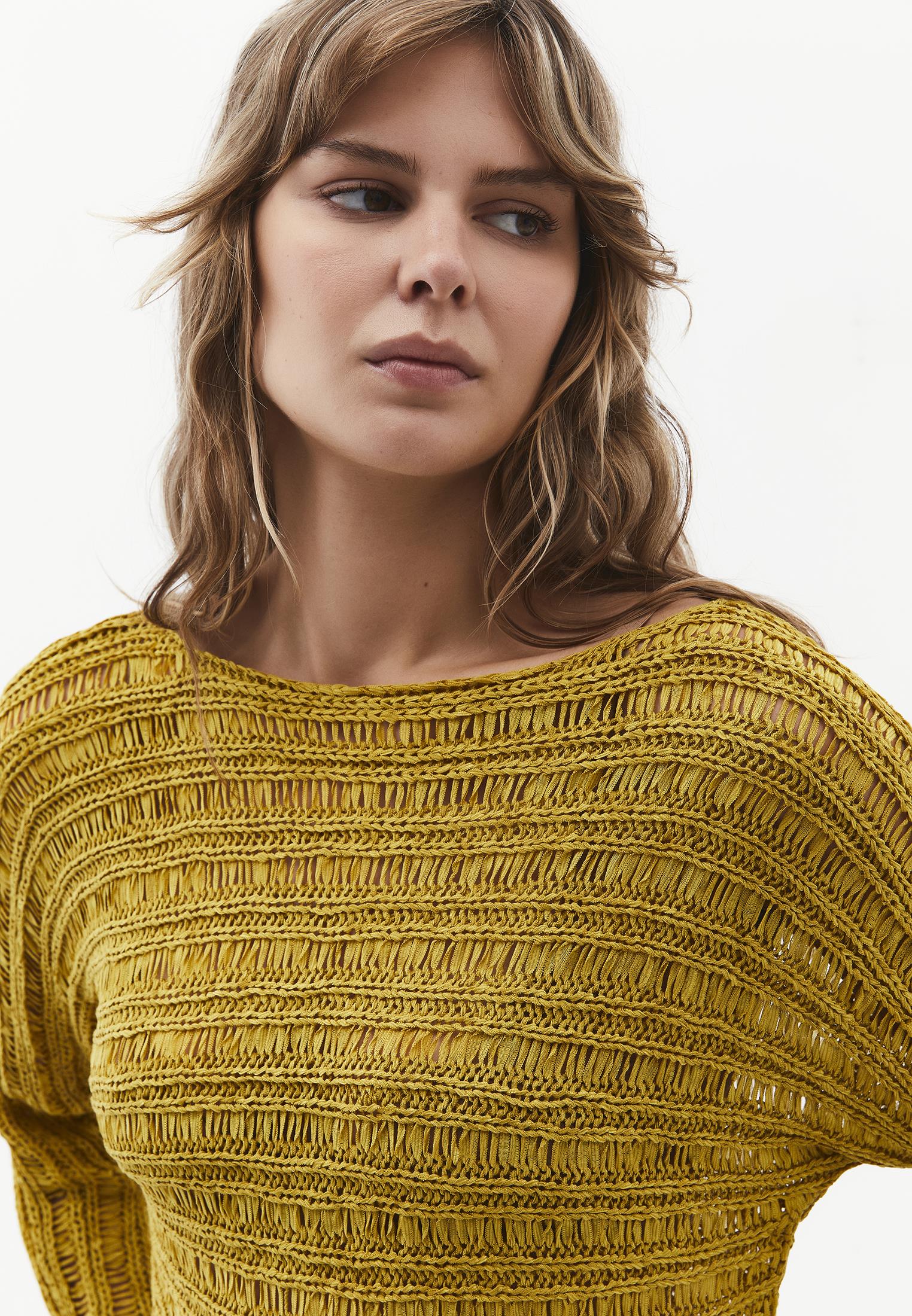 Openwork Boat Neck Long Sleeve Knit Sweater - AMBER GREEN