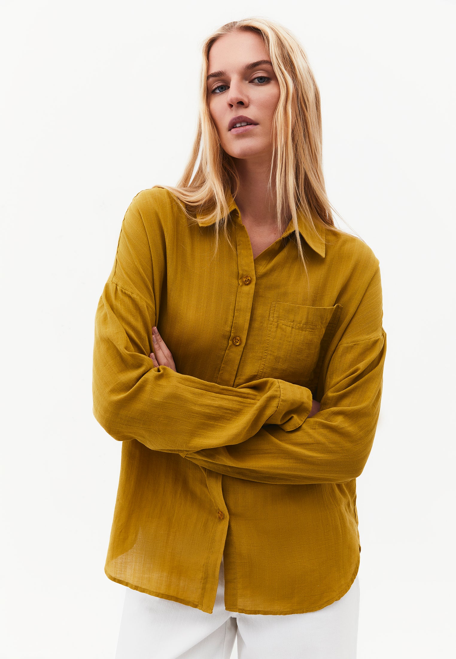 Long Sleeve Oversized Woven Shirt - AMBER GREEN