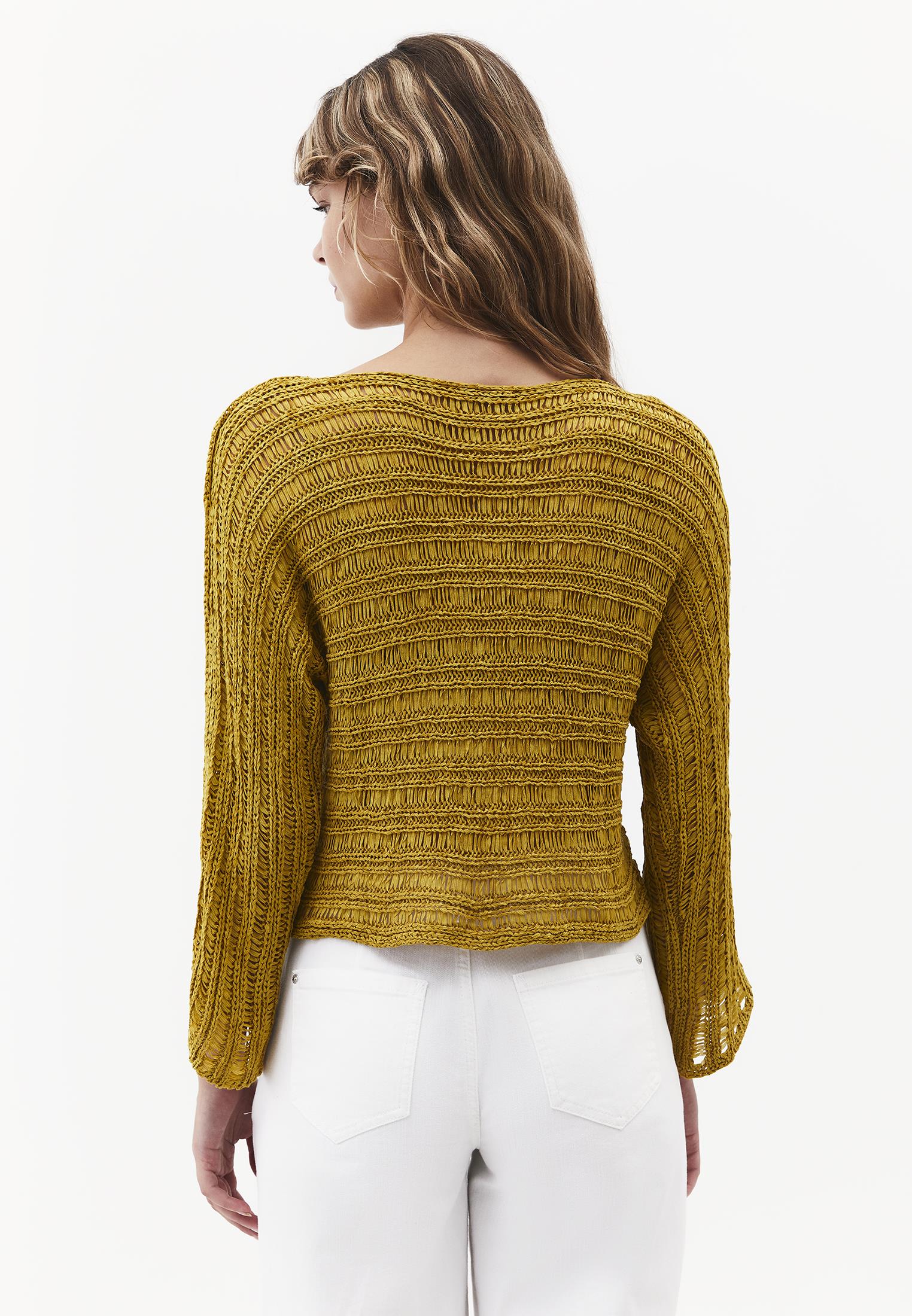 Openwork Boat Neck Long Sleeve Knit Sweater - AMBER GREEN
