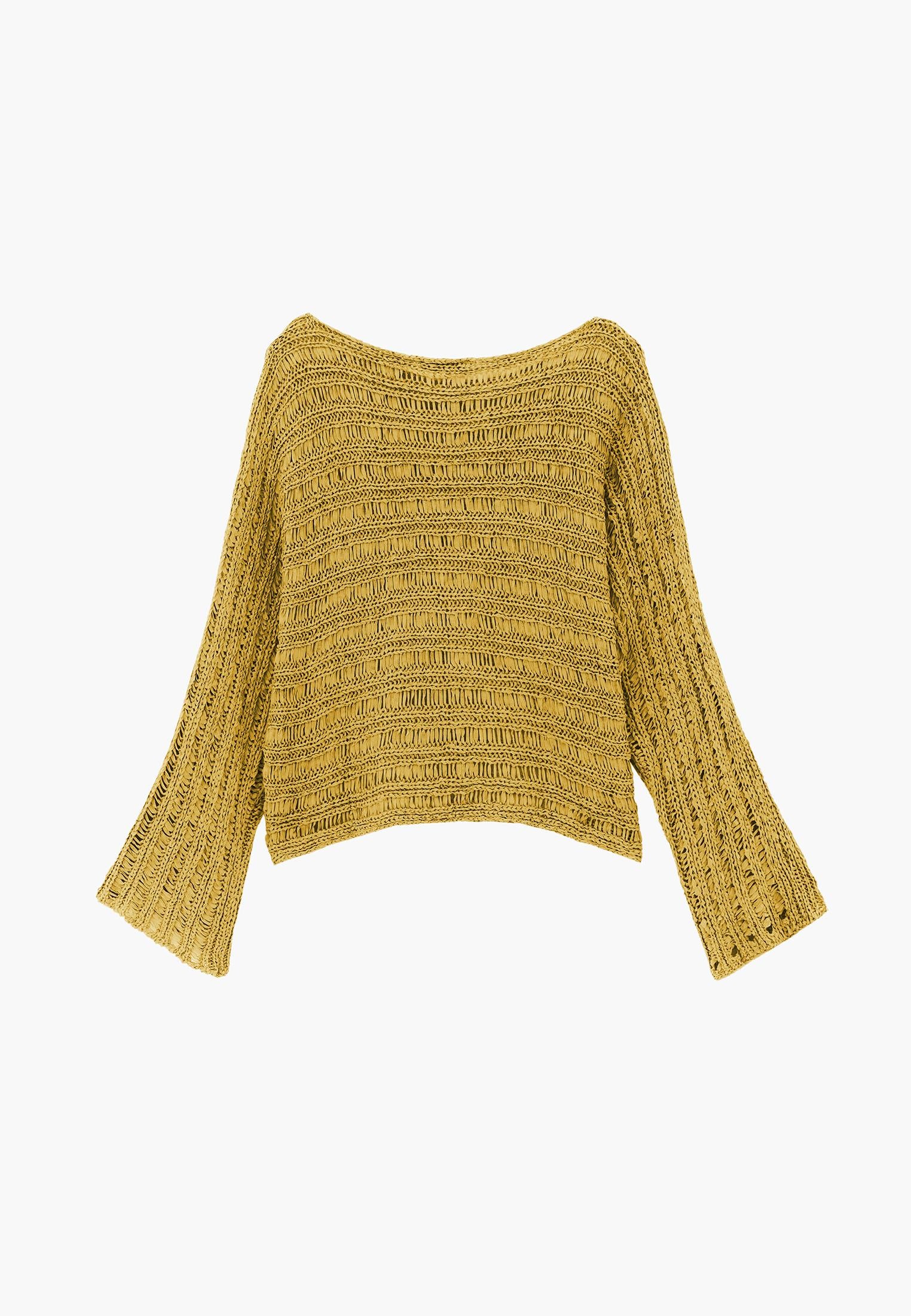 Openwork Boat Neck Long Sleeve Knit Sweater - AMBER GREEN