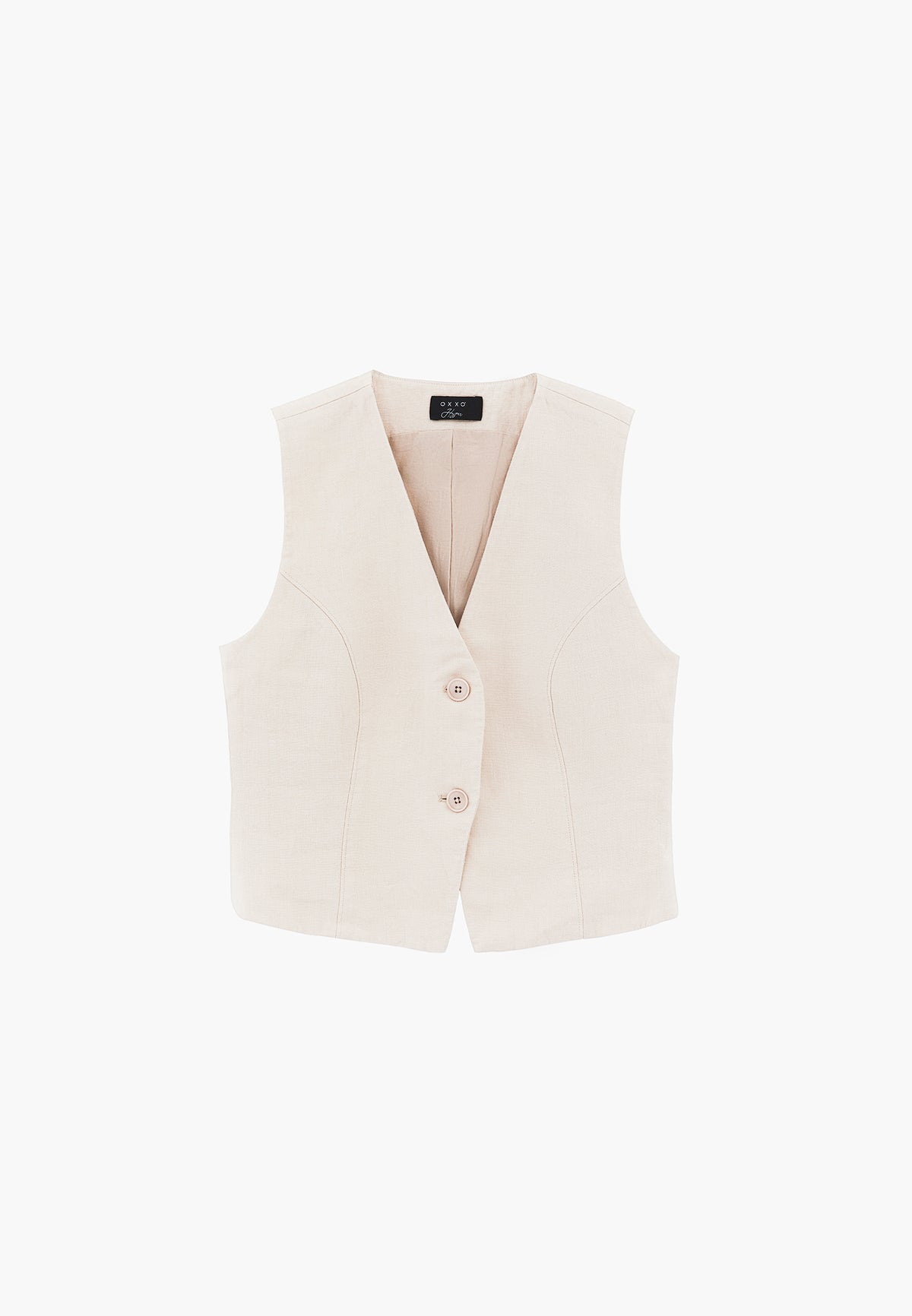 Buttoned V Neck Sleeveless Short Vest - Beige