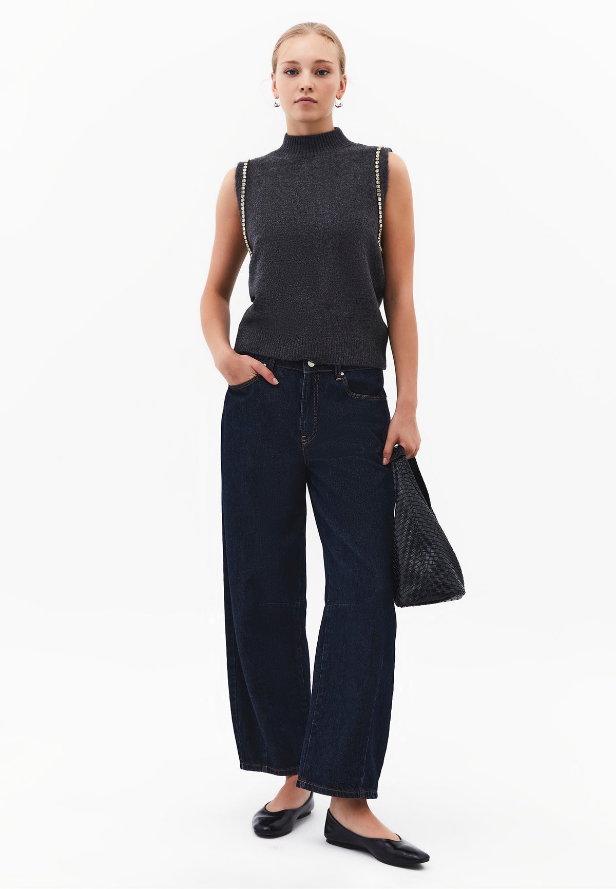 Vest With High Collar And Stone Detail - Grey