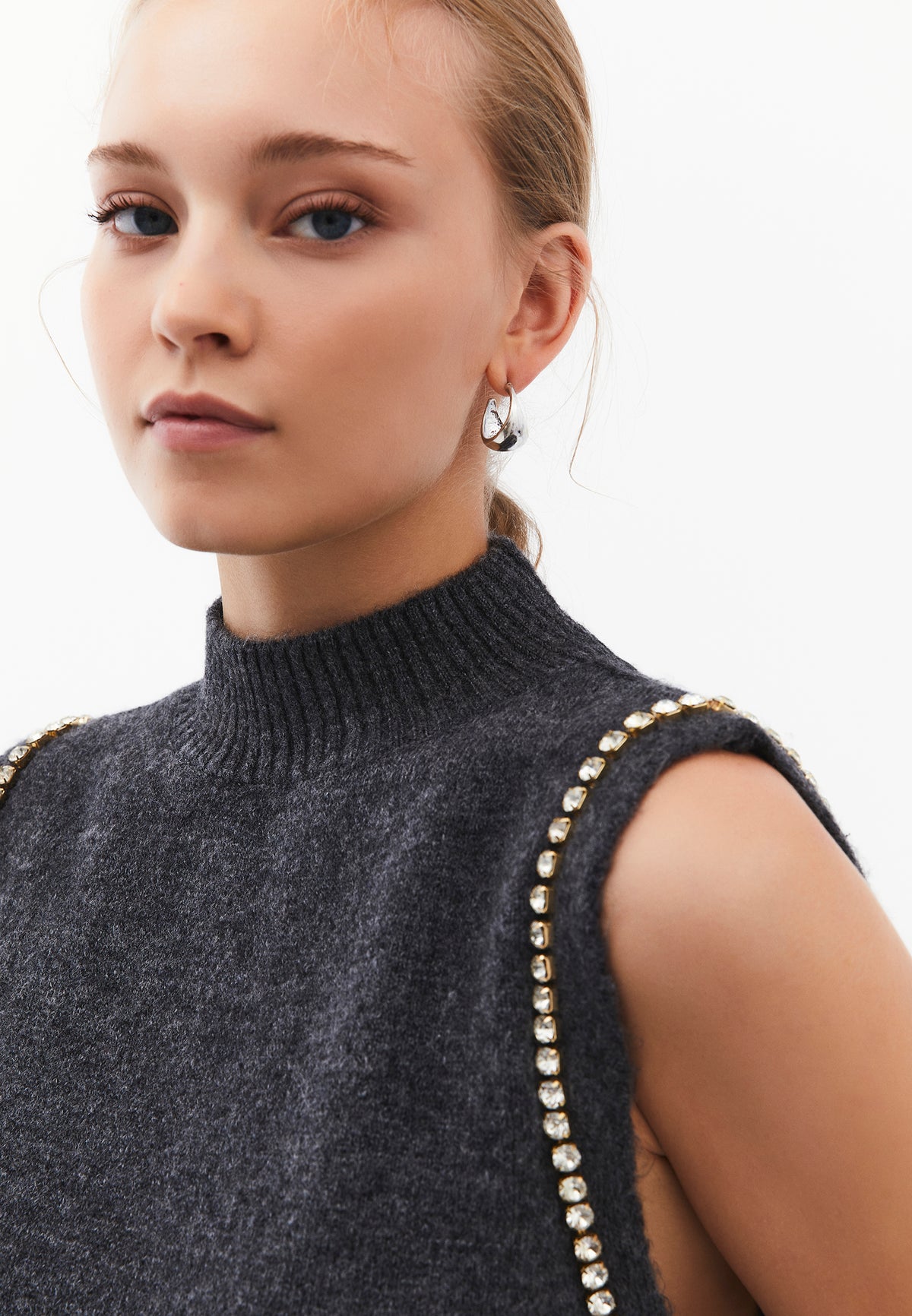 Vest With High Collar And Stone Detail - Grey