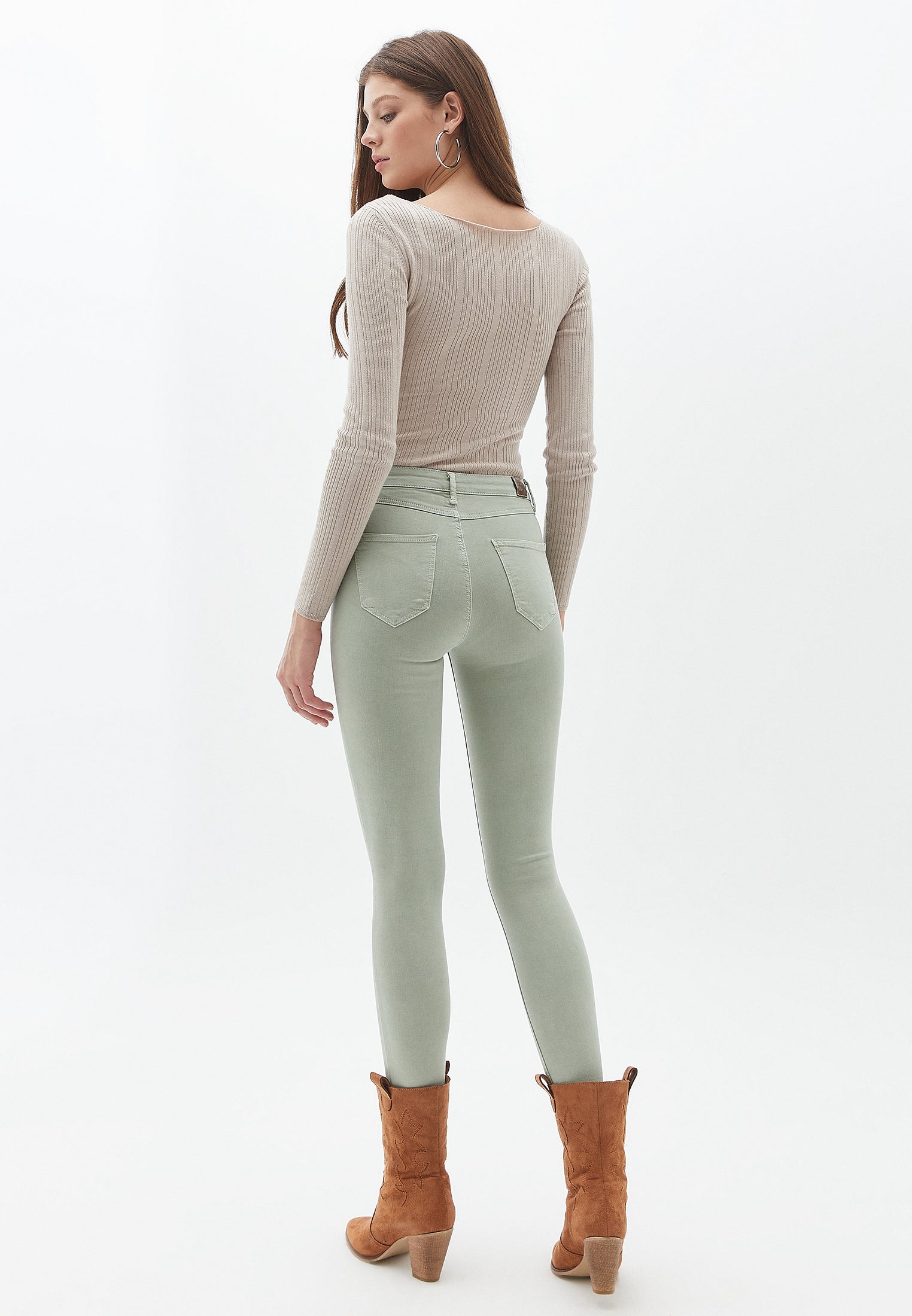 HIGH WAIST SKINNY TROUSERS WITH MODAL CONTENT - ANTIK SEAGRASS