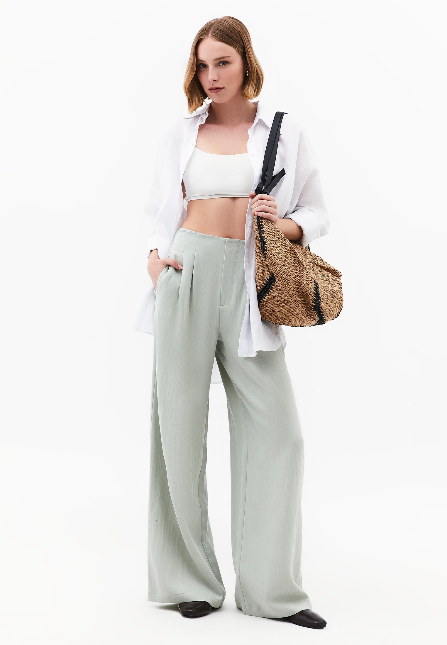 Ultra High Waist Wide Leg Pleated Pants - AQUA GRAY