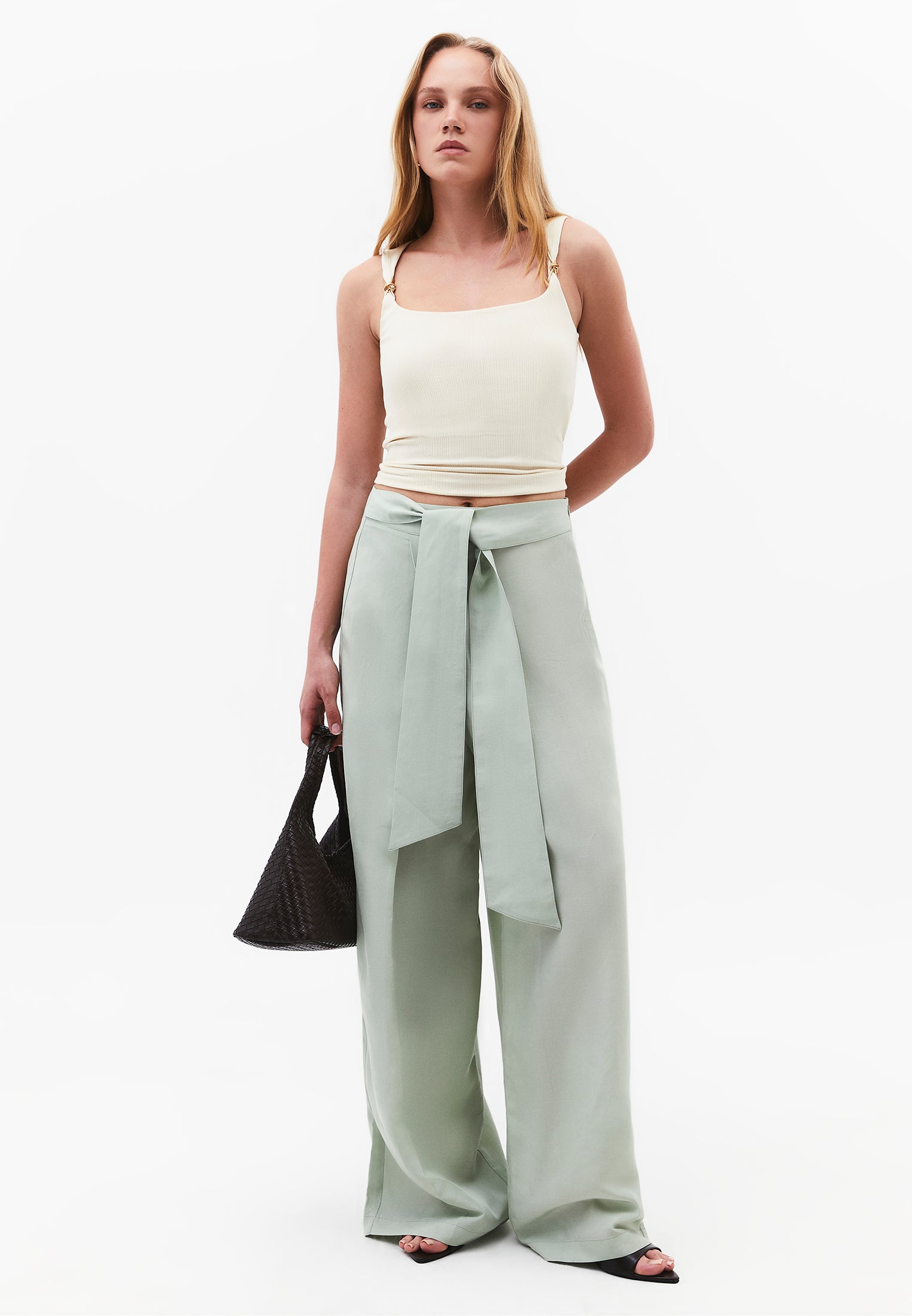 Belted High Waist Wide Leg Pants - AQUA GRAY