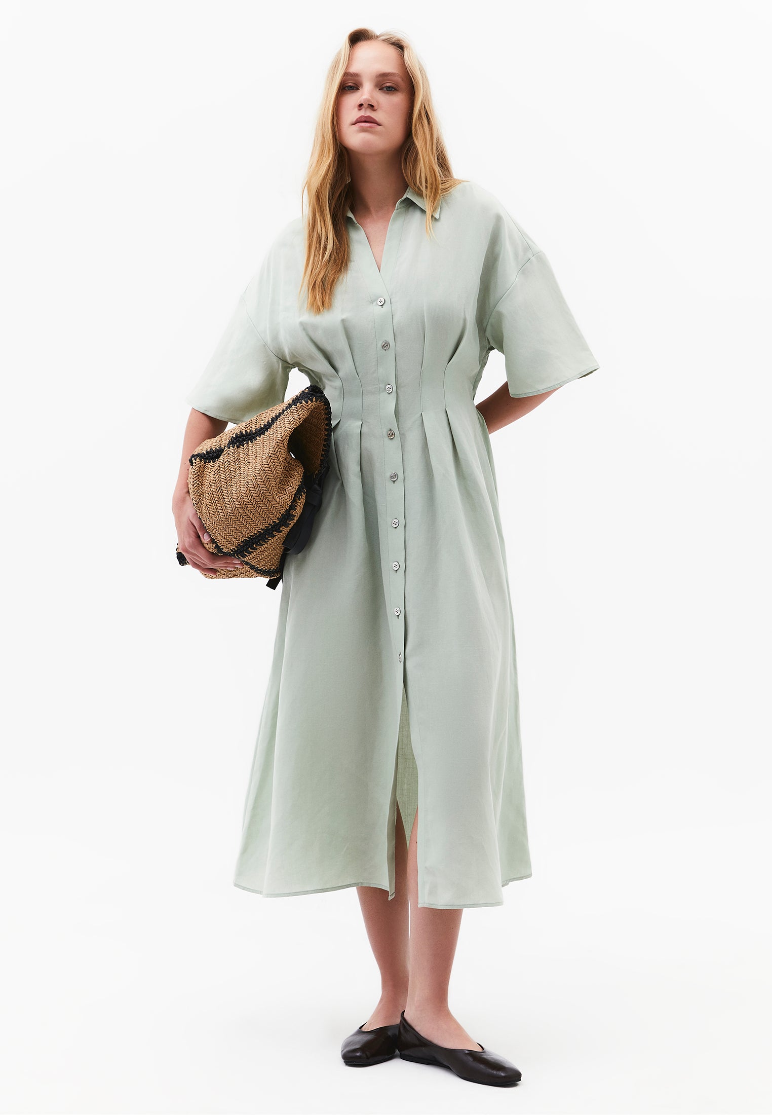Shirt Collar Batwing Sleeve Pleated Long Dress - AQUA GRAY