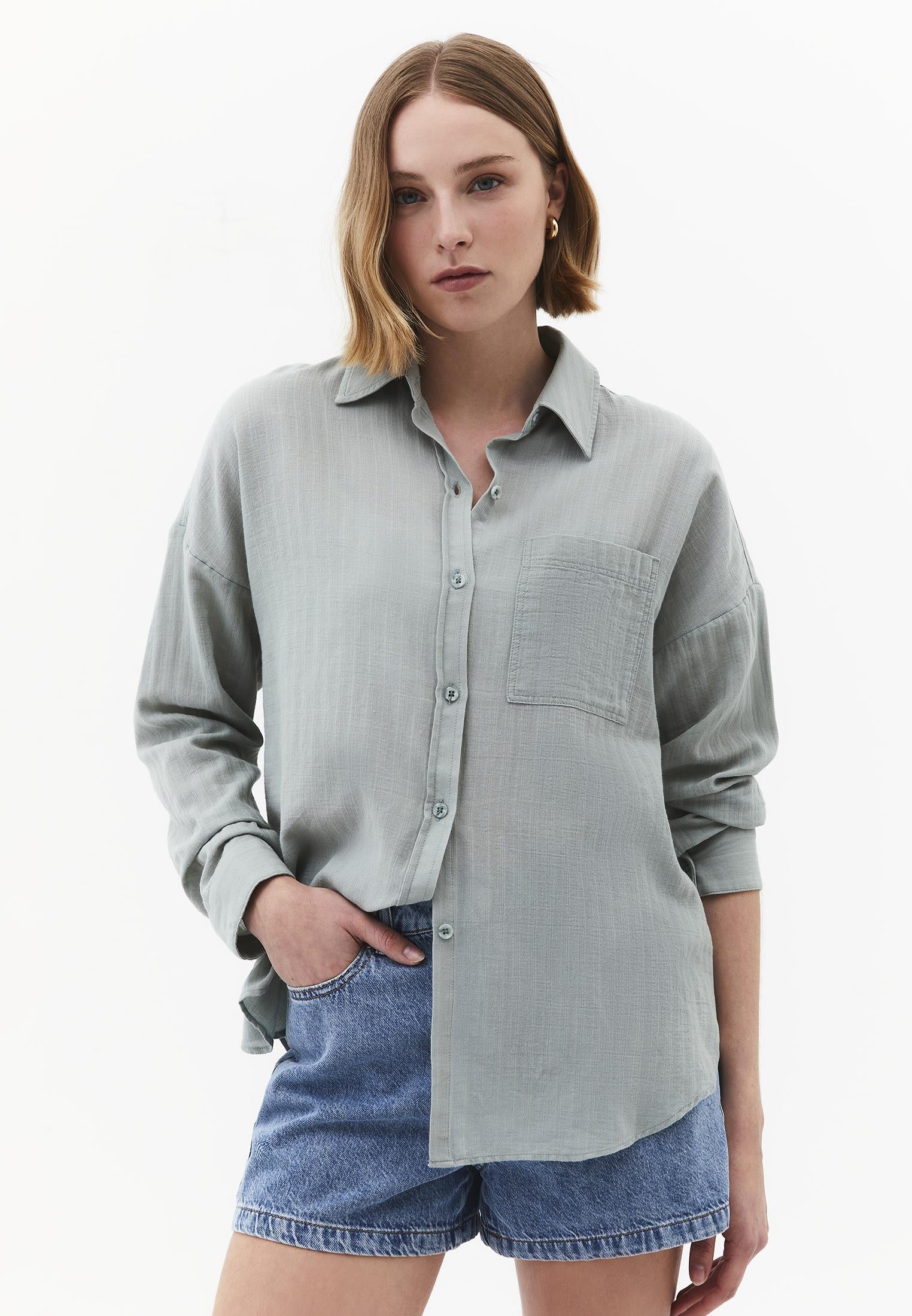 Oversize Long Sleeve Shirt With Pocket Detail - AQUA GRAY