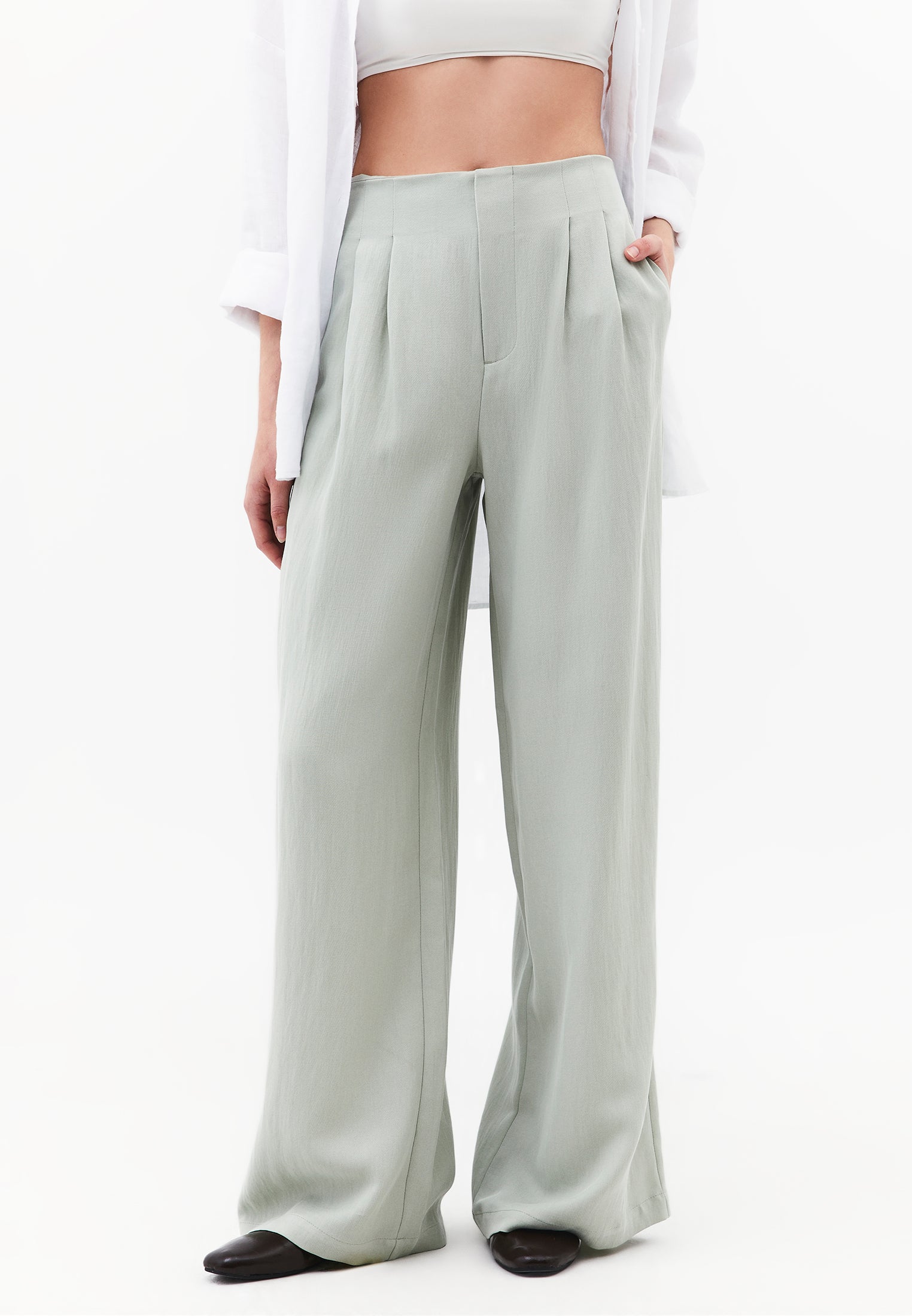 Ultra High Waist Wide Leg Pleated Pants - AQUA GRAY