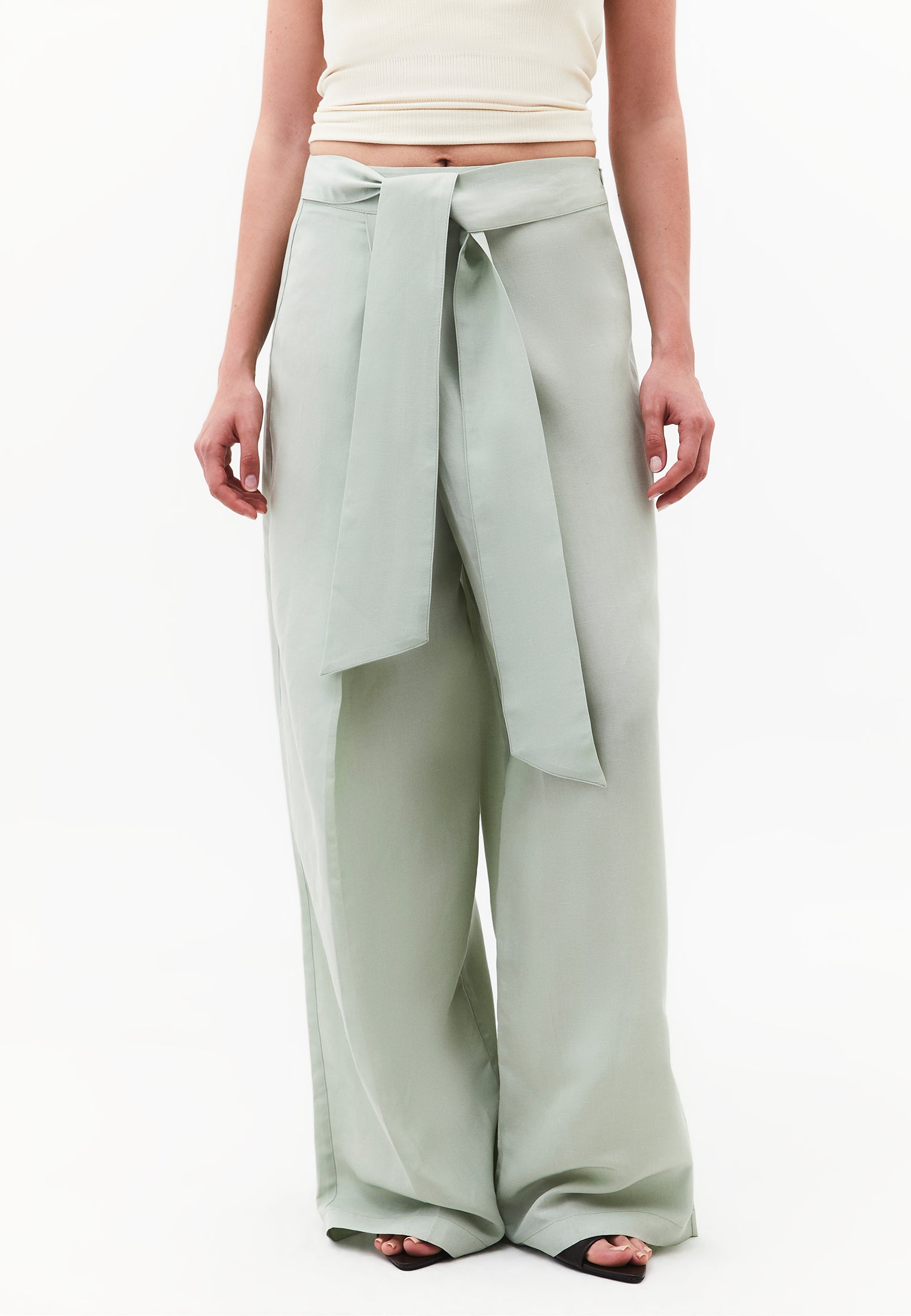Belted High Waist Wide Leg Pants - AQUA GRAY