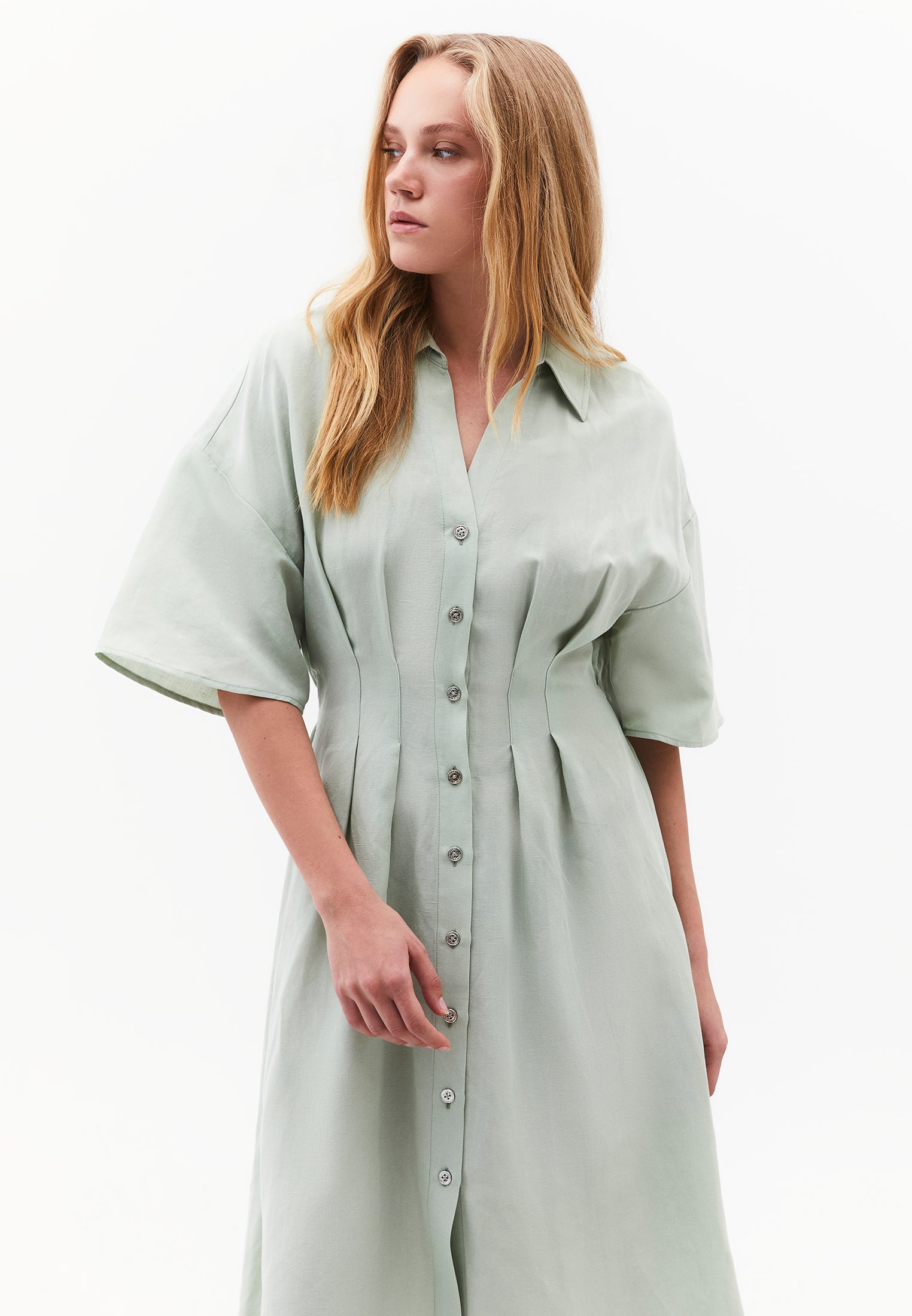 Shirt Collar Batwing Sleeve Pleated Long Dress - AQUA GRAY