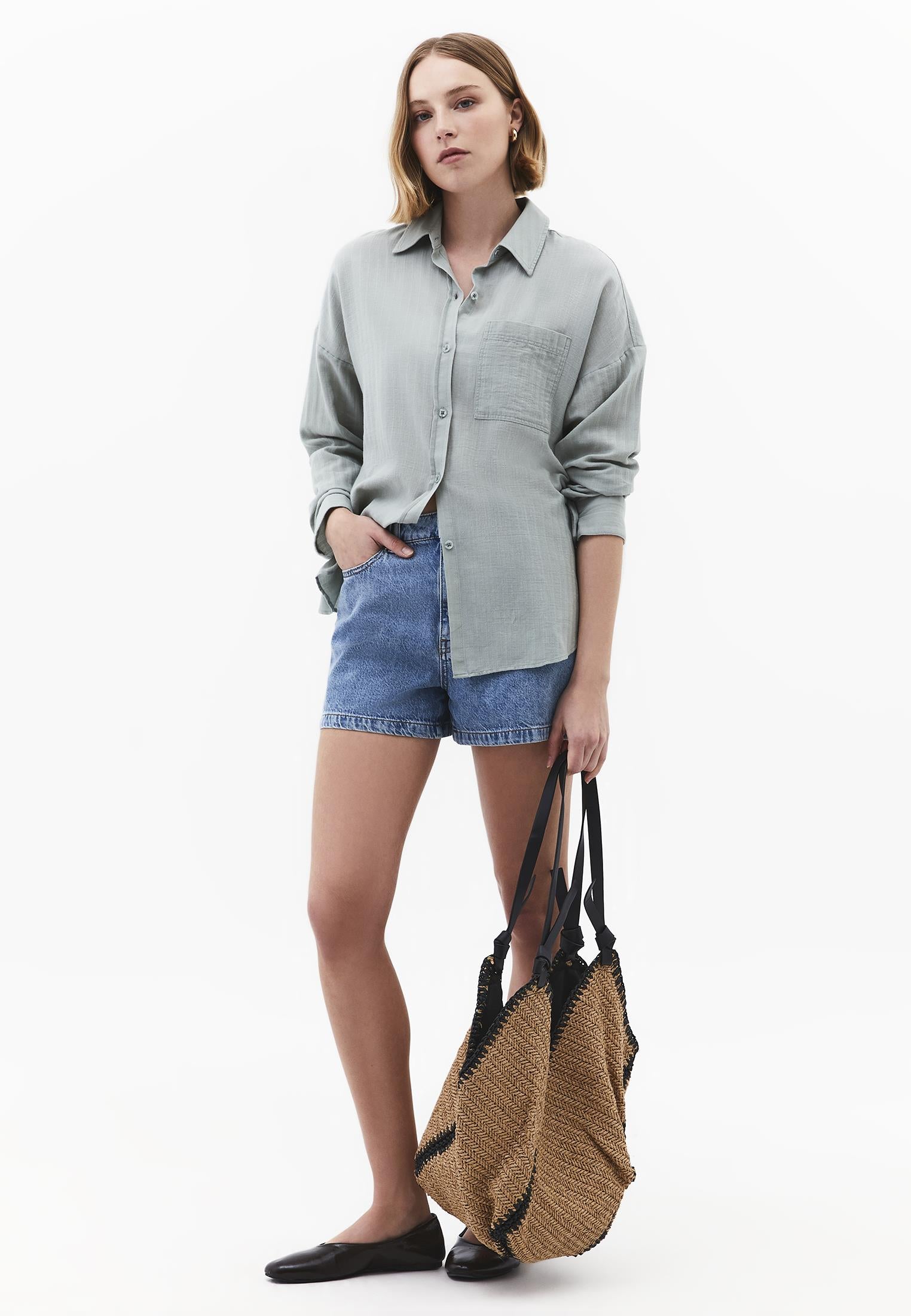 Oversize Long Sleeve Shirt With Pocket Detail - AQUA GRAY