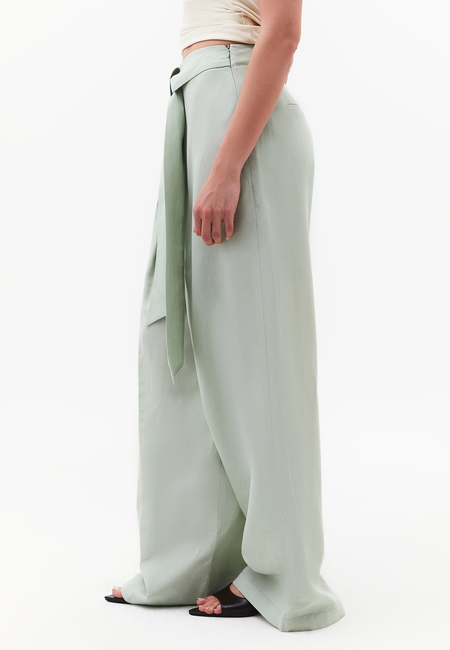 Belted High Waist Wide Leg Pants - AQUA GRAY