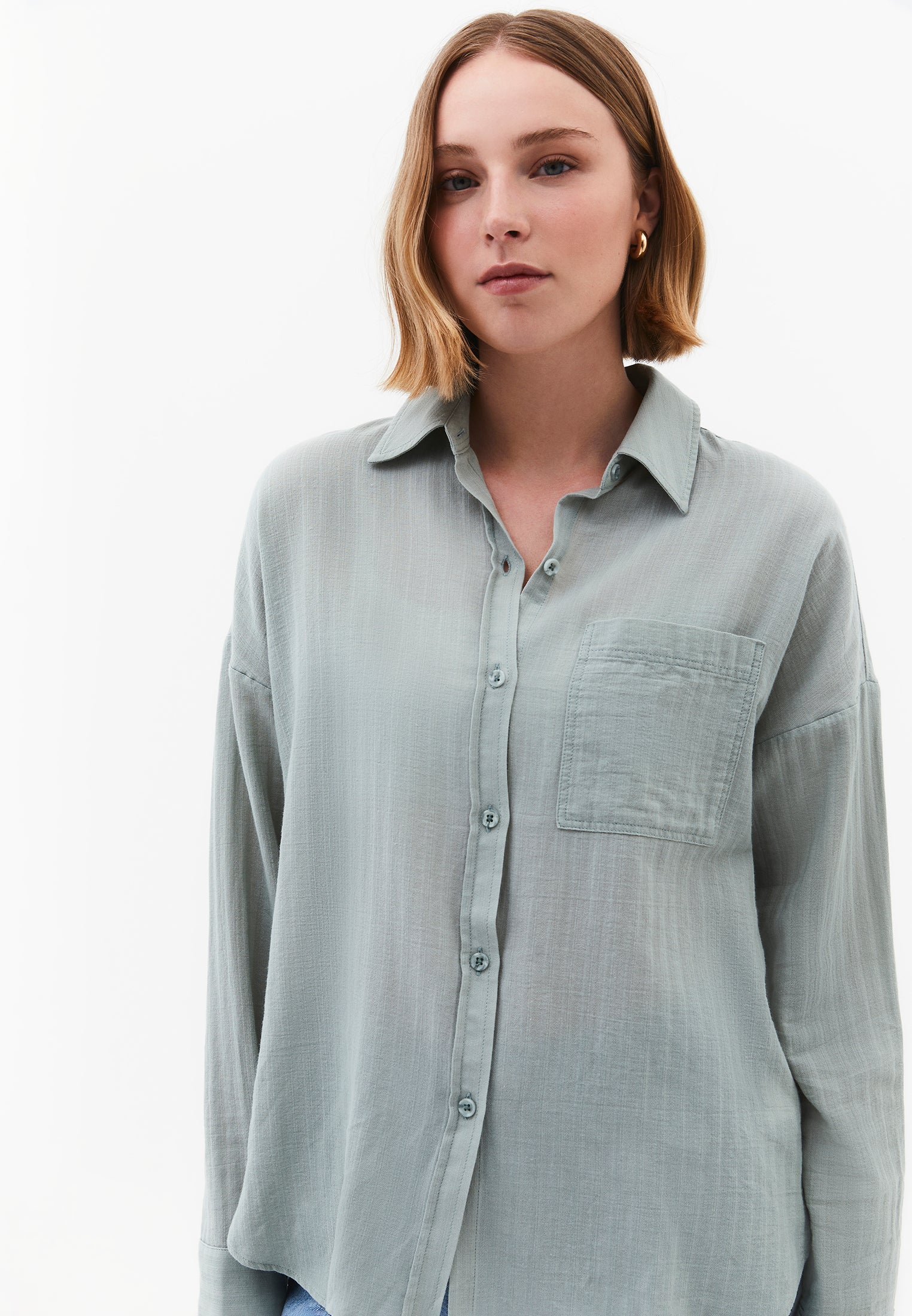 Oversize Long Sleeve Shirt With Pocket Detail - AQUA GRAY