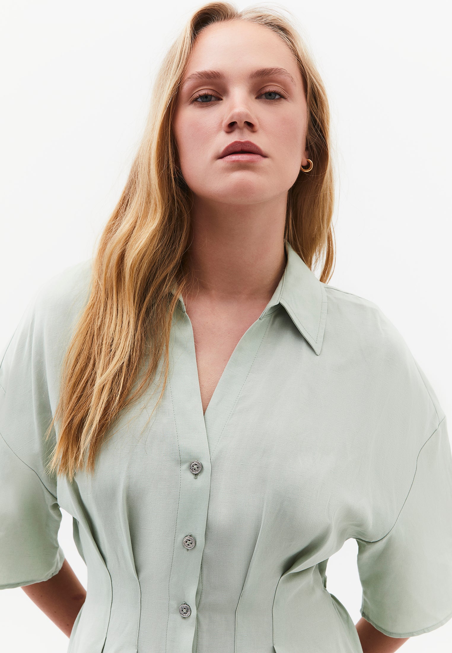 Shirt Collar Batwing Sleeve Pleated Long Dress - AQUA GRAY