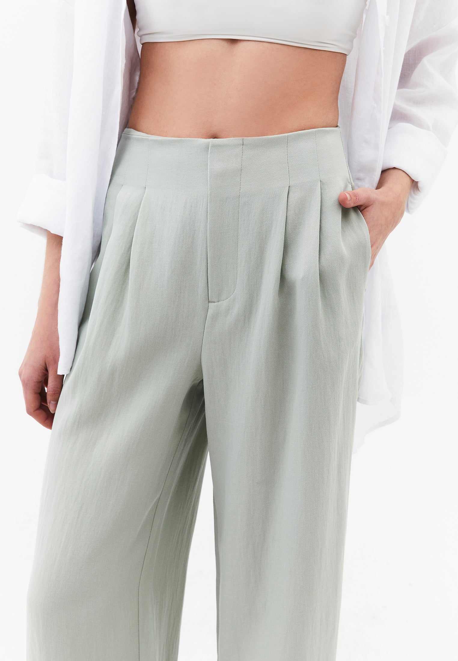 Ultra High Waist Wide Leg Pleated Pants - AQUA GRAY