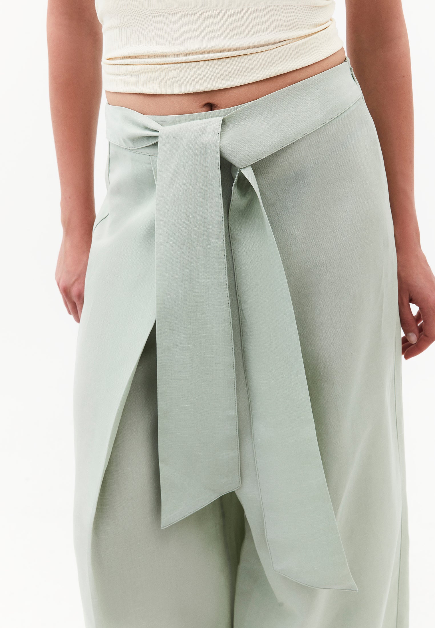 Belted High Waist Wide Leg Pants - AQUA GRAY