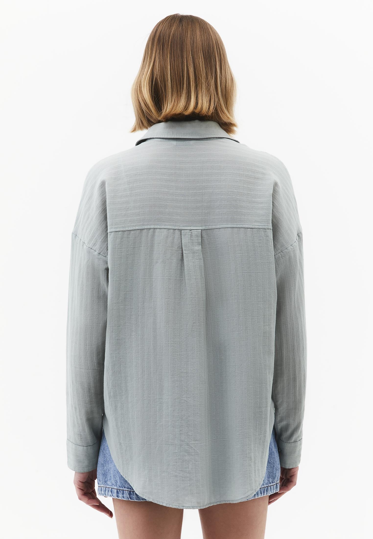 Oversize Long Sleeve Shirt With Pocket Detail - AQUA GRAY