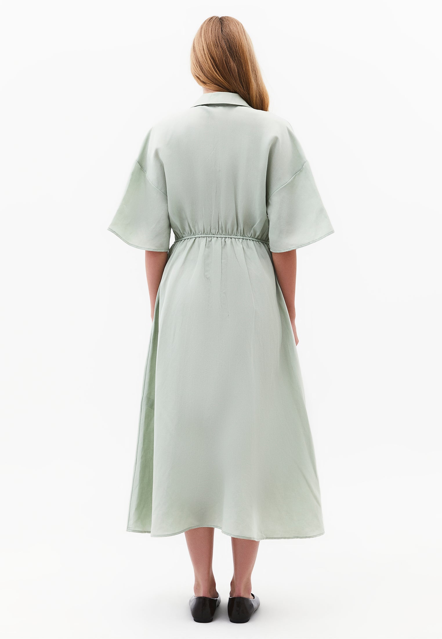 Shirt Collar Batwing Sleeve Pleated Long Dress - AQUA GRAY