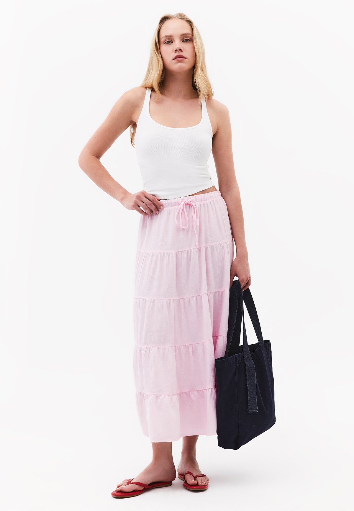 High Waist Ruched Midi Skirt - BARELY PINK