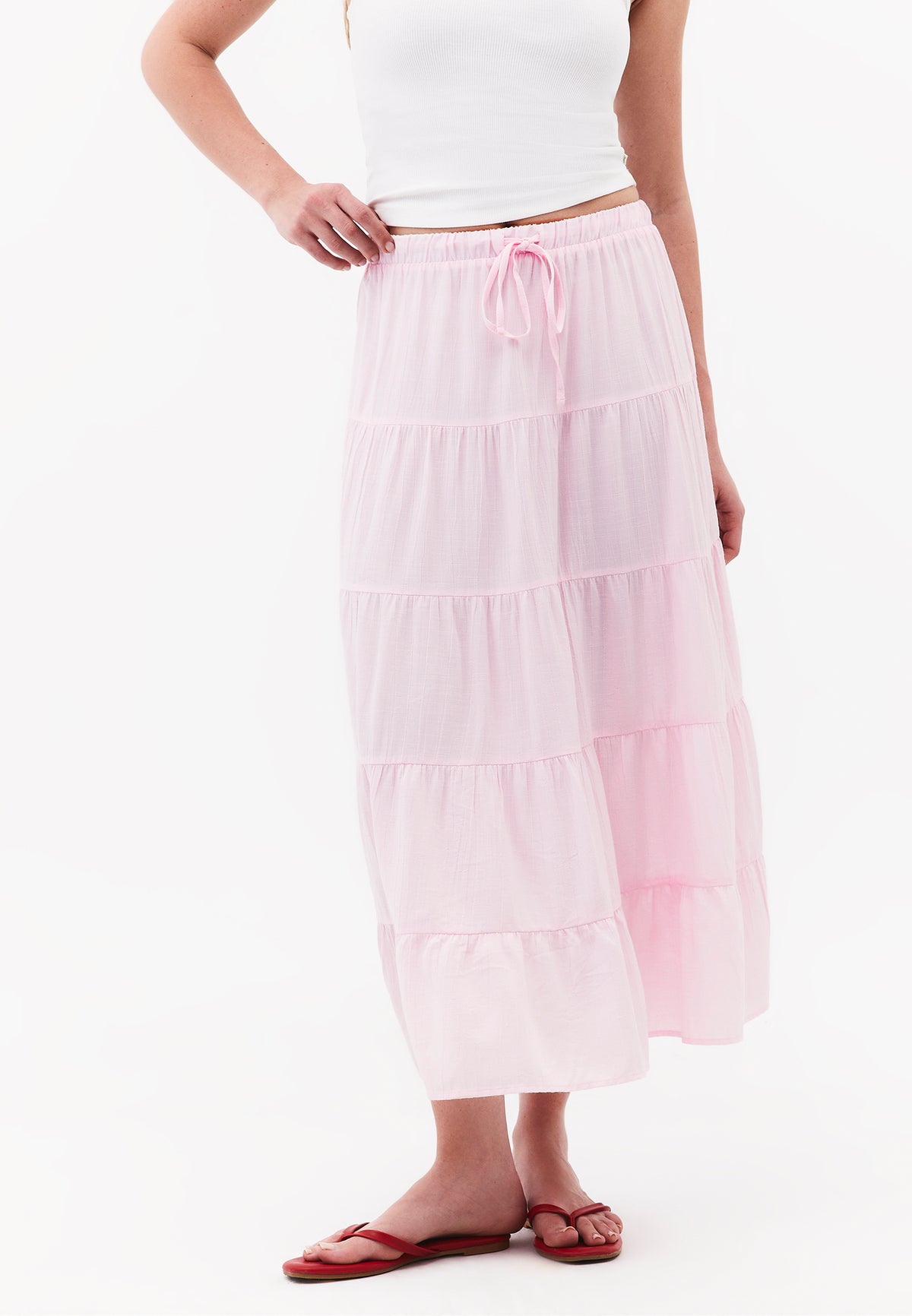 High Waist Ruched Midi Skirt - BARELY PINK
