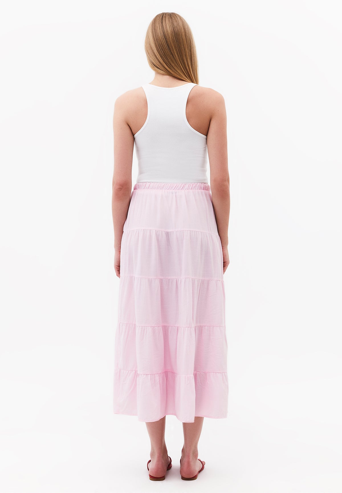 High Waist Ruched Midi Skirt - BARELY PINK