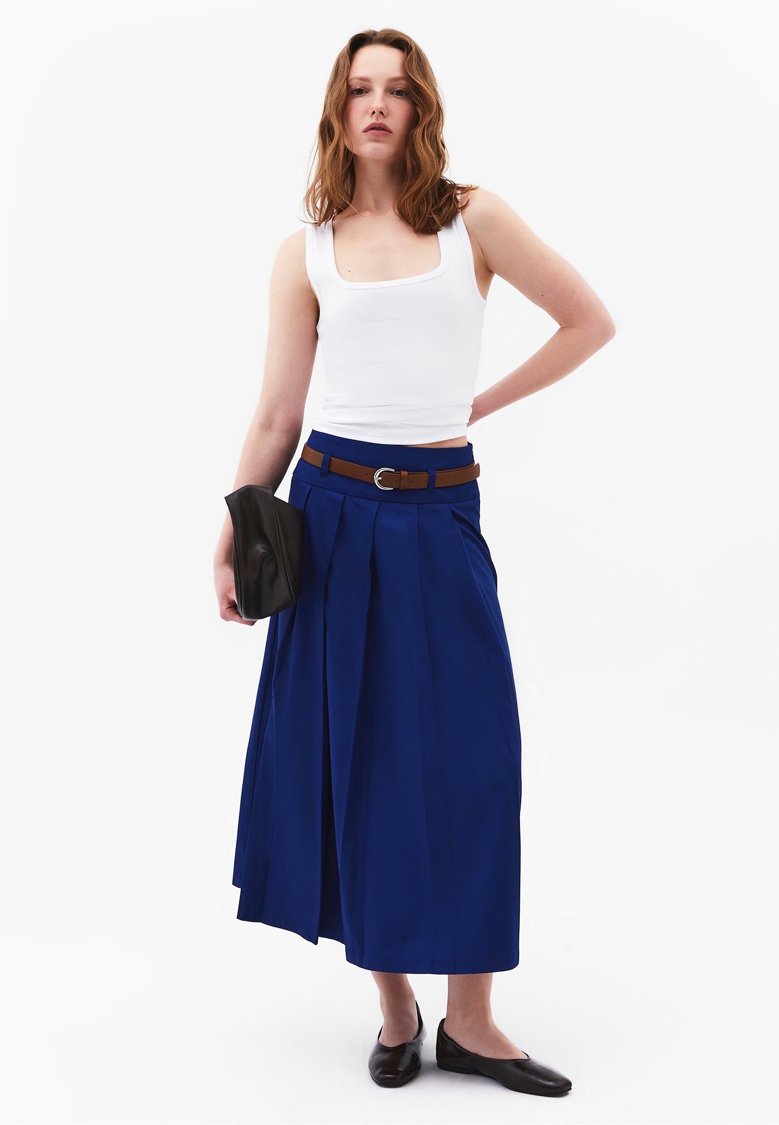 Long Pleated A-Line Skirt With Belt Detail - BELLWETHER BLUE