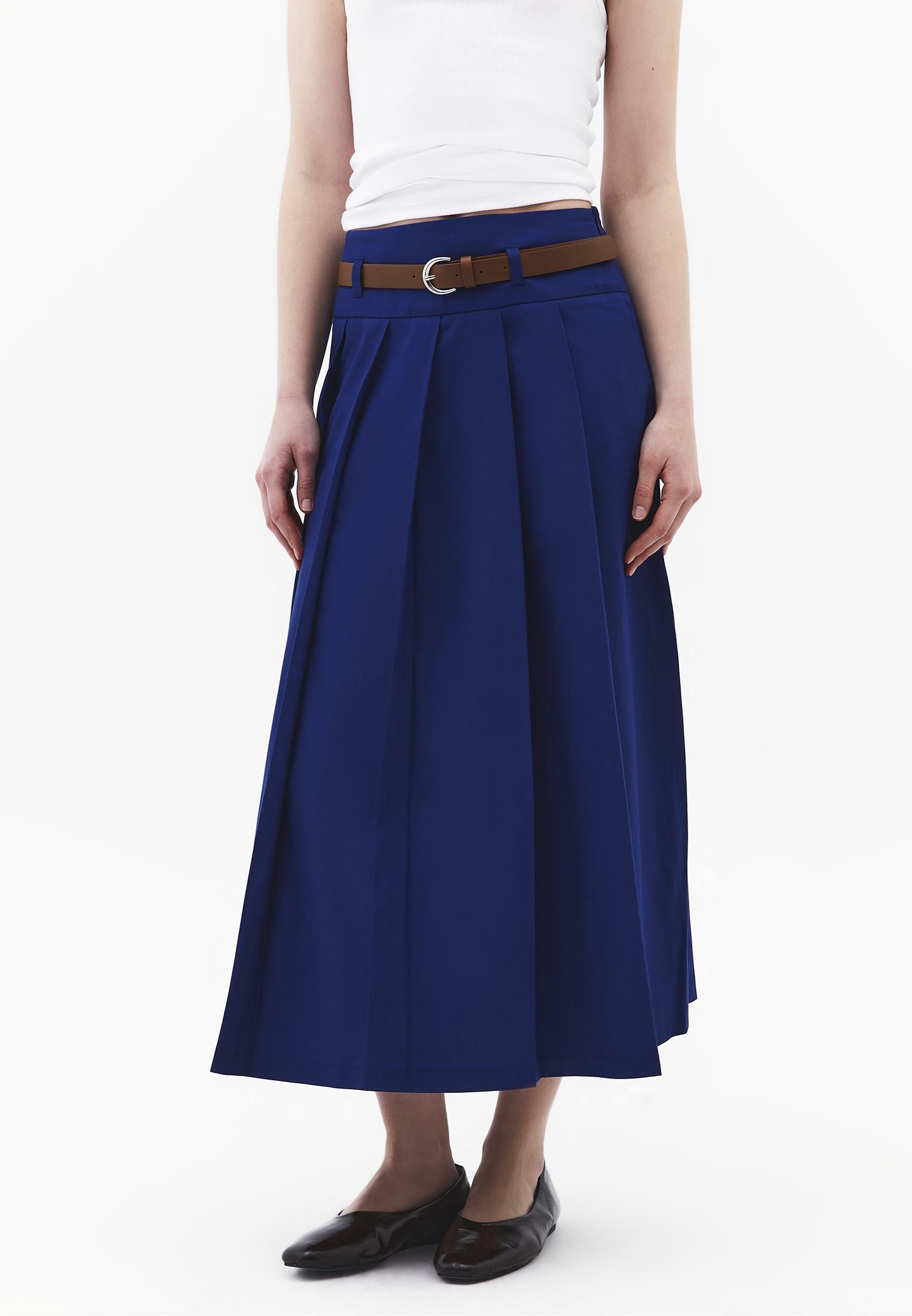 Long Pleated A-Line Skirt With Belt Detail - BELLWETHER BLUE
