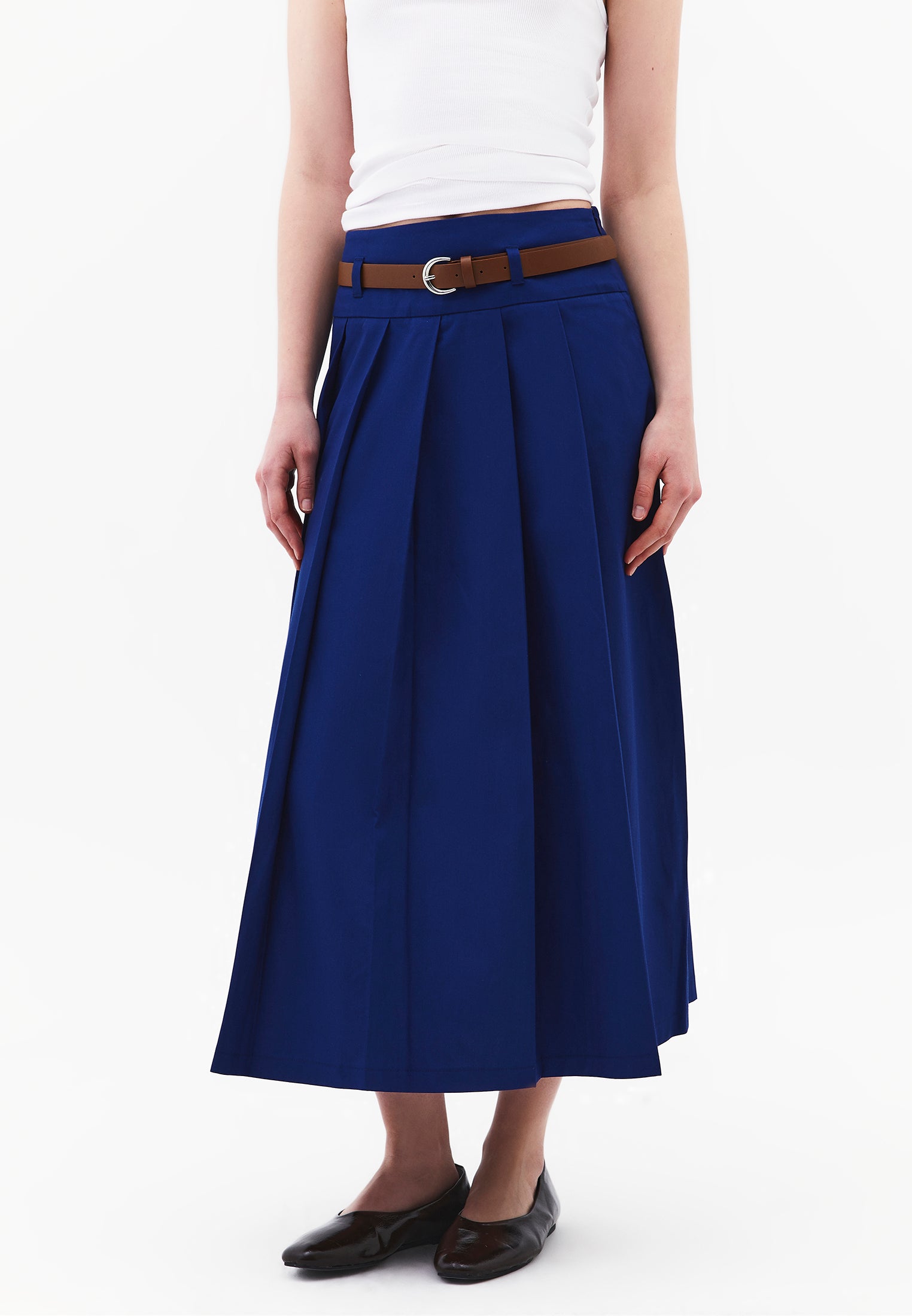 Long Pleated A-Line Skirt With Belt Detail - BELLWETHER BLUE