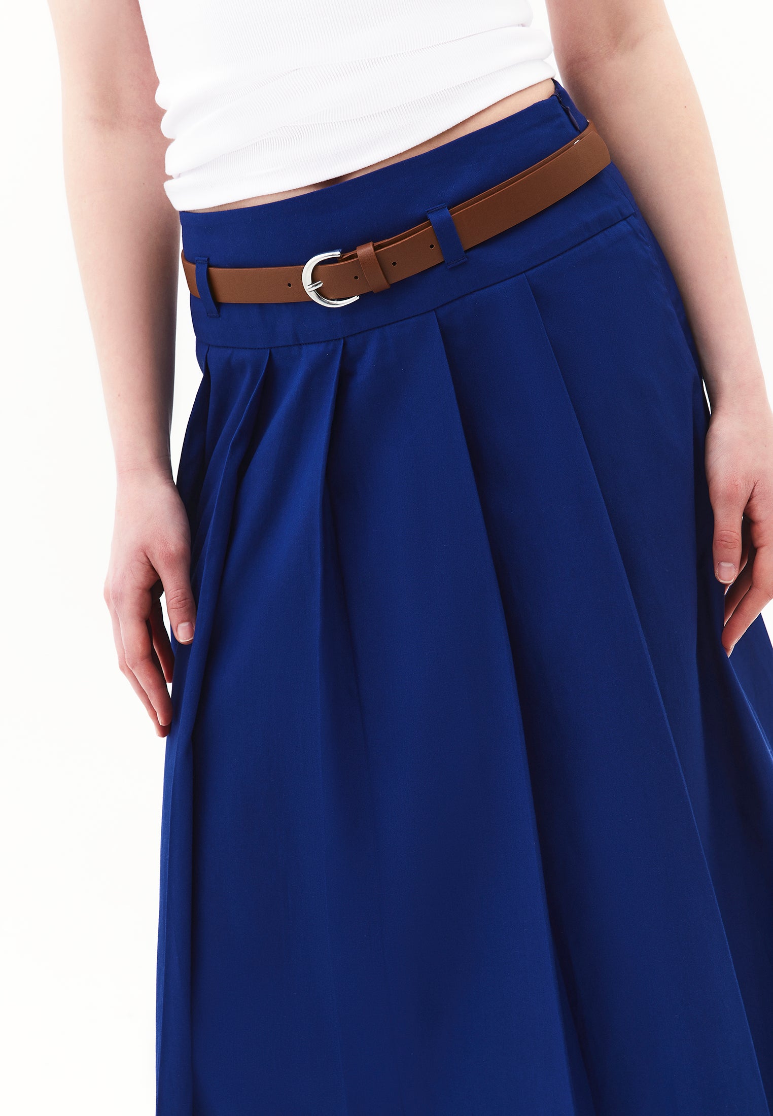 Long Pleated A-Line Skirt With Belt Detail - BELLWETHER BLUE