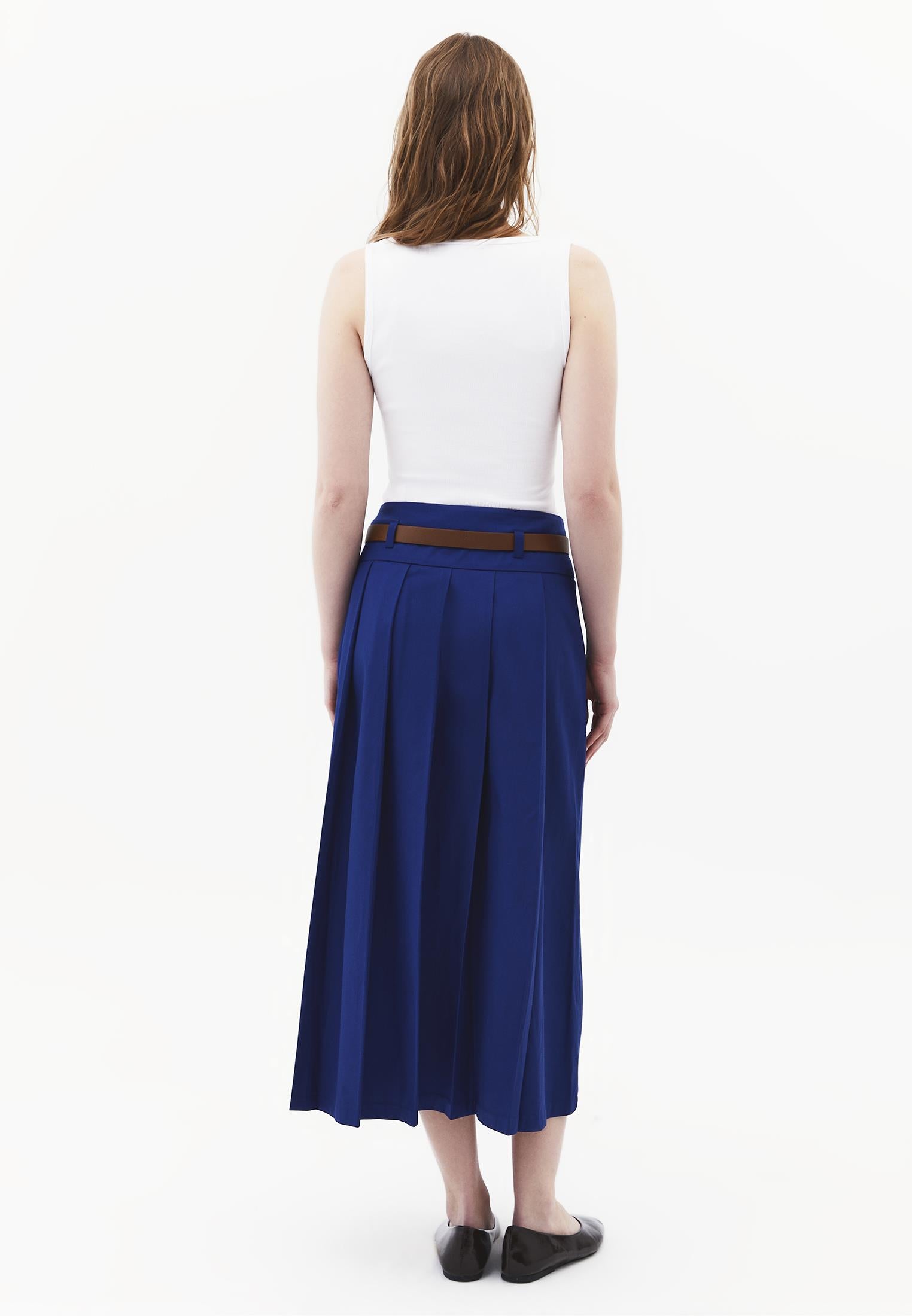 Long Pleated A-Line Skirt With Belt Detail - BELLWETHER BLUE