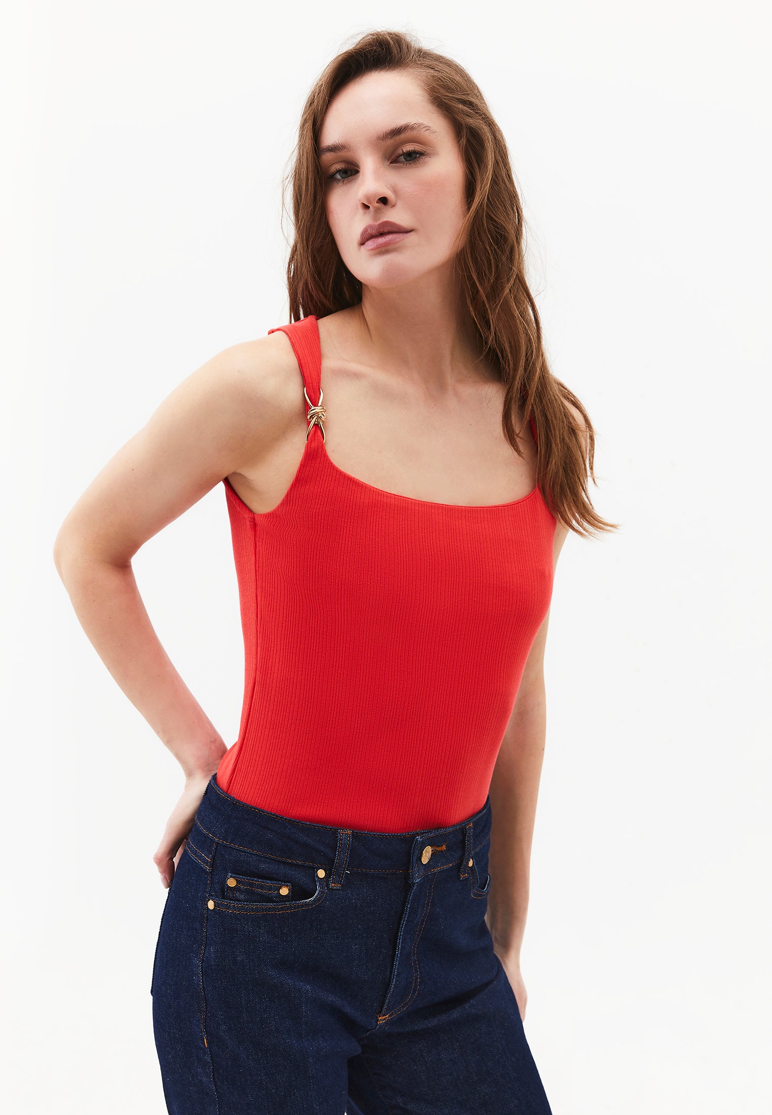 Wide Neck Buckle Detail Tank Top - BITTERSWEET