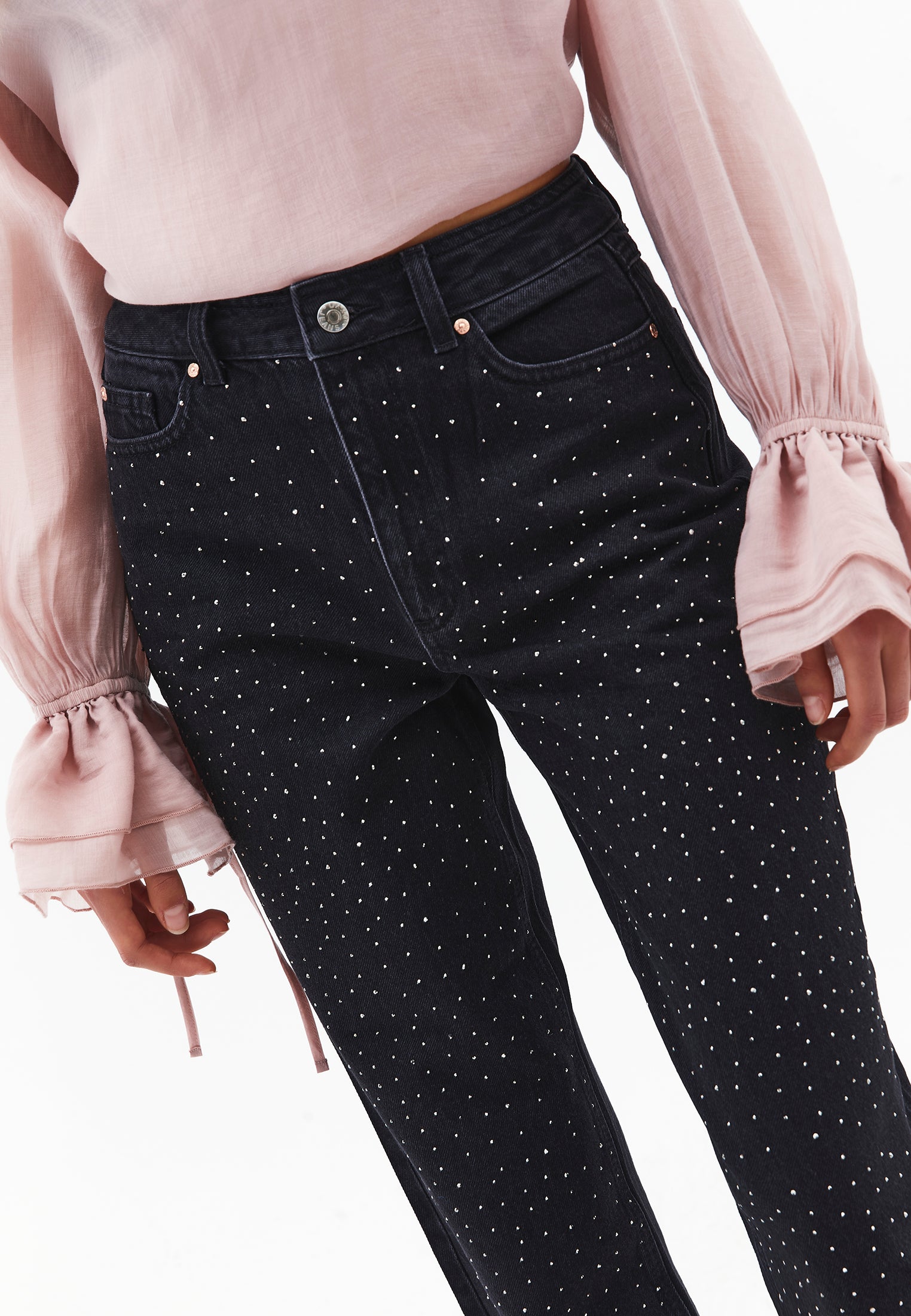 Ultra High Waist Mom Jeans Pants With Stone Details - BLACK DENIM