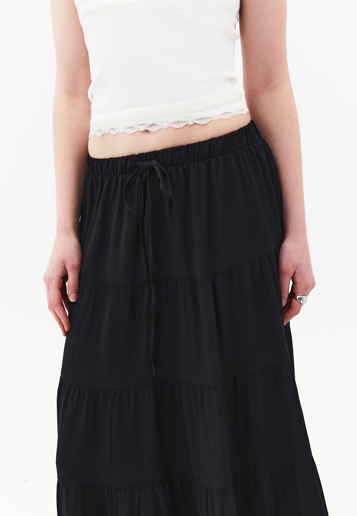 High Waist Ruched Midi Skirt - Black