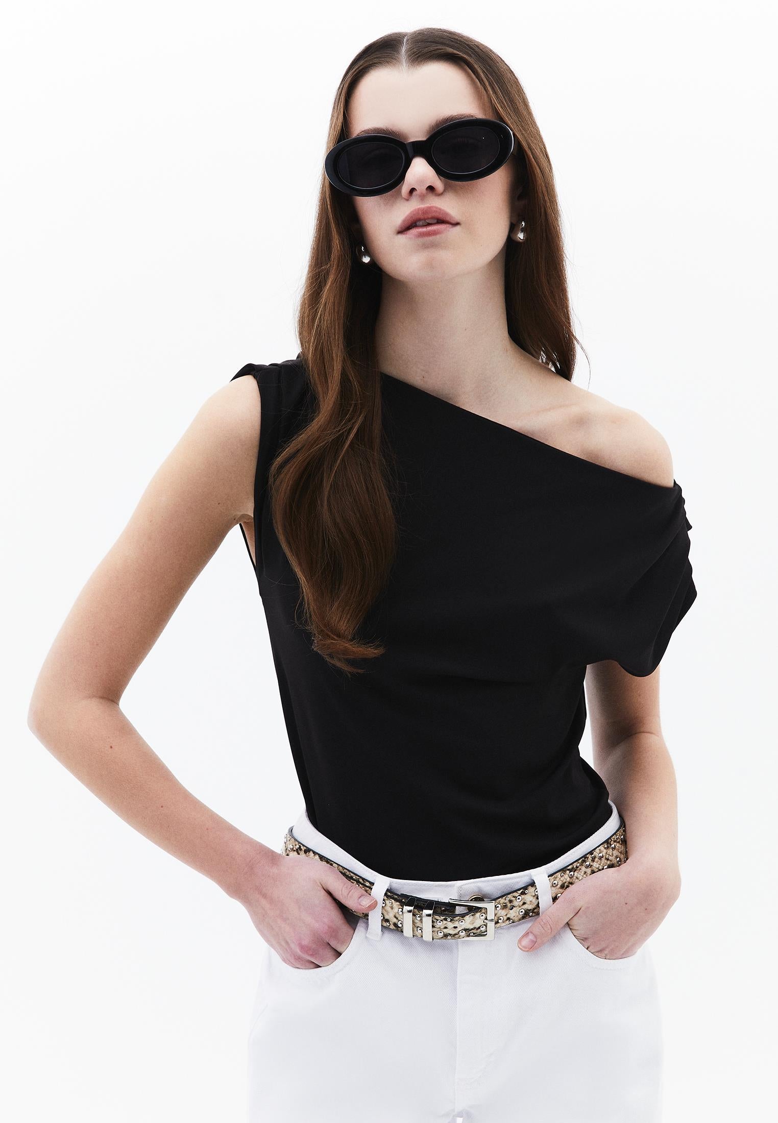 Boat Neck Sleeveless Standard Blouse - BLACK