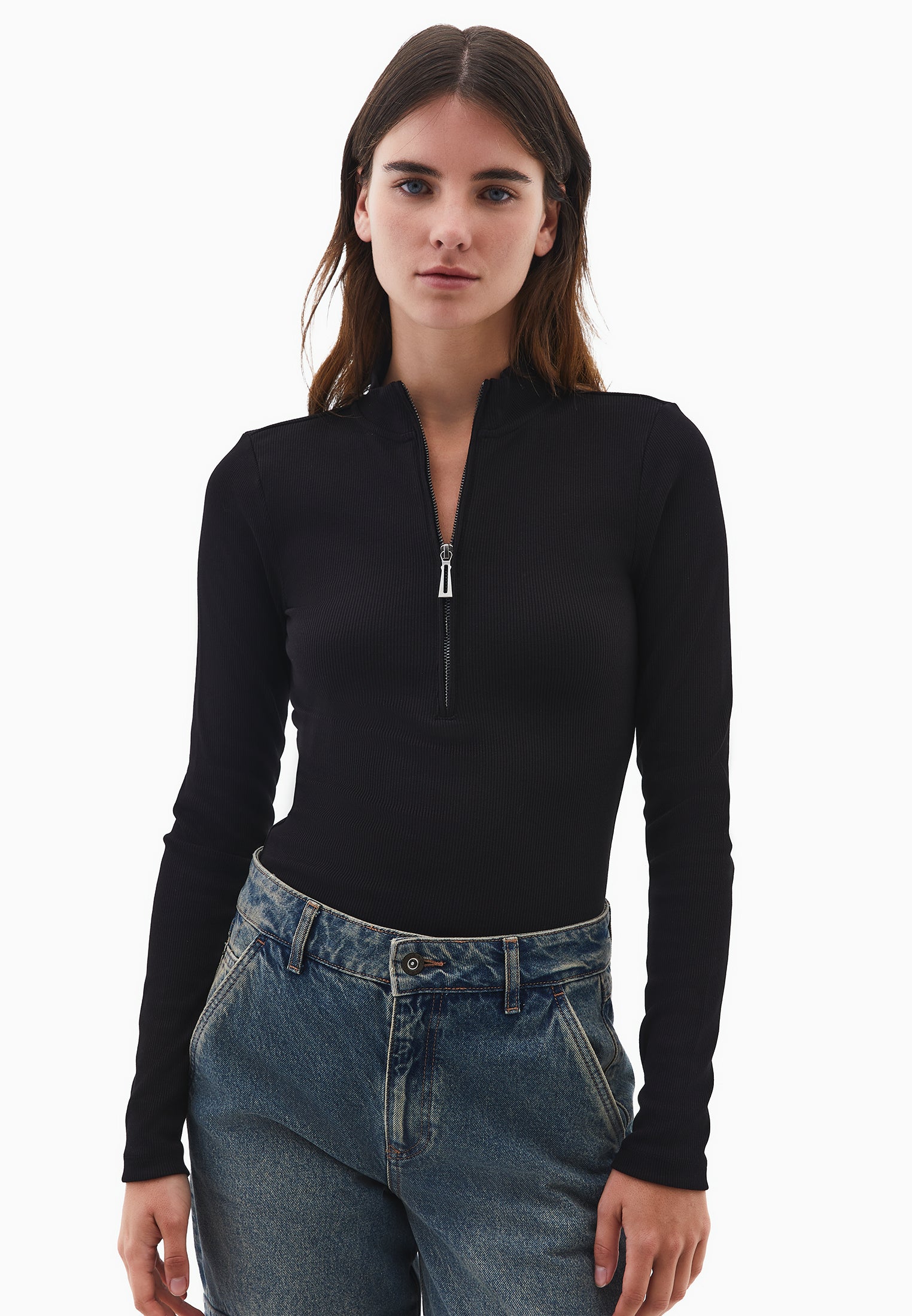 Zipper detailed high neck t-shirt - BLACK