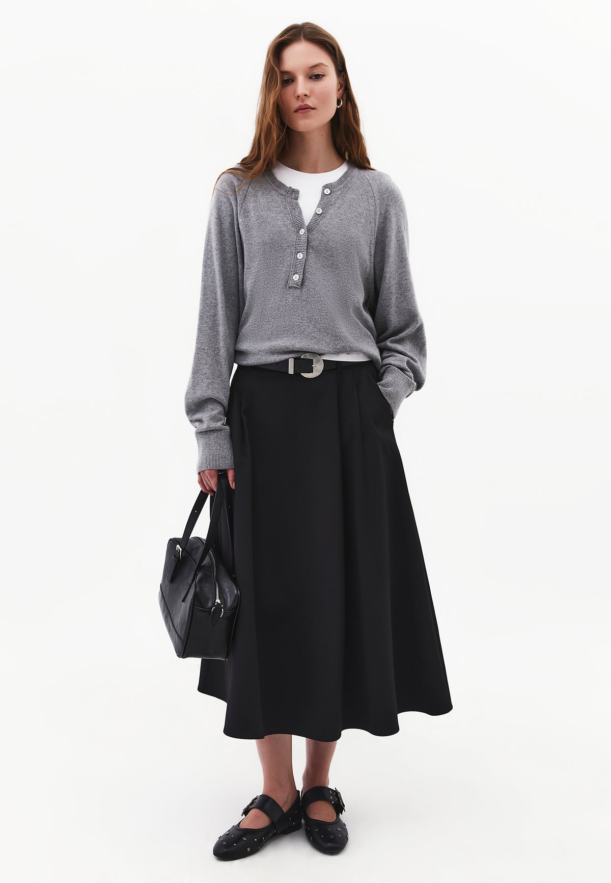 Long Pleated Flared Skirt - BLACK